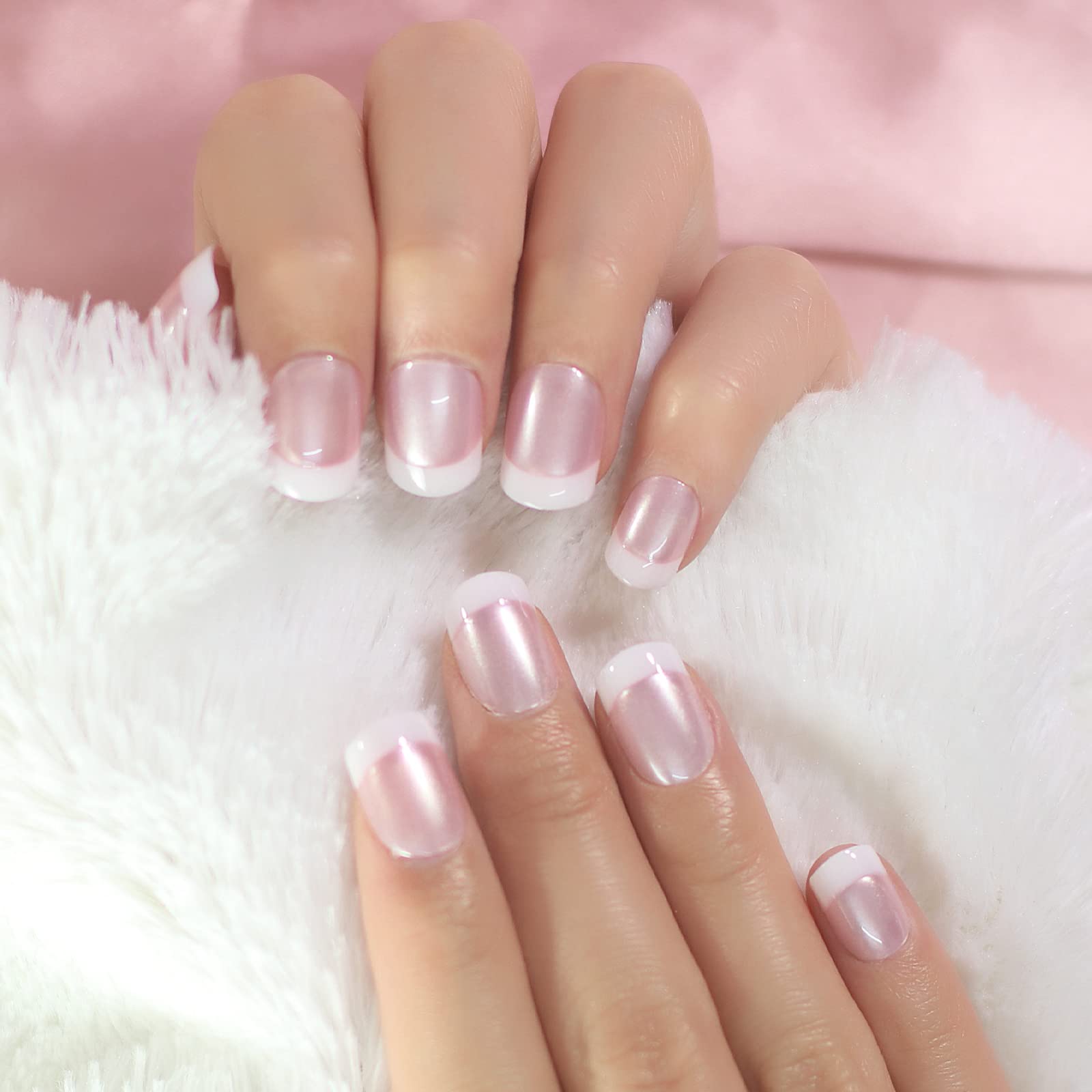 Glossy Pearl Pink & White French Press On Nails - Short Squoval Fake Nails for Women | Reusable Salon Manicure Tips | Perfect for Summer, Weddings & Special Occasions | Nail Art Gift for Women & Girls