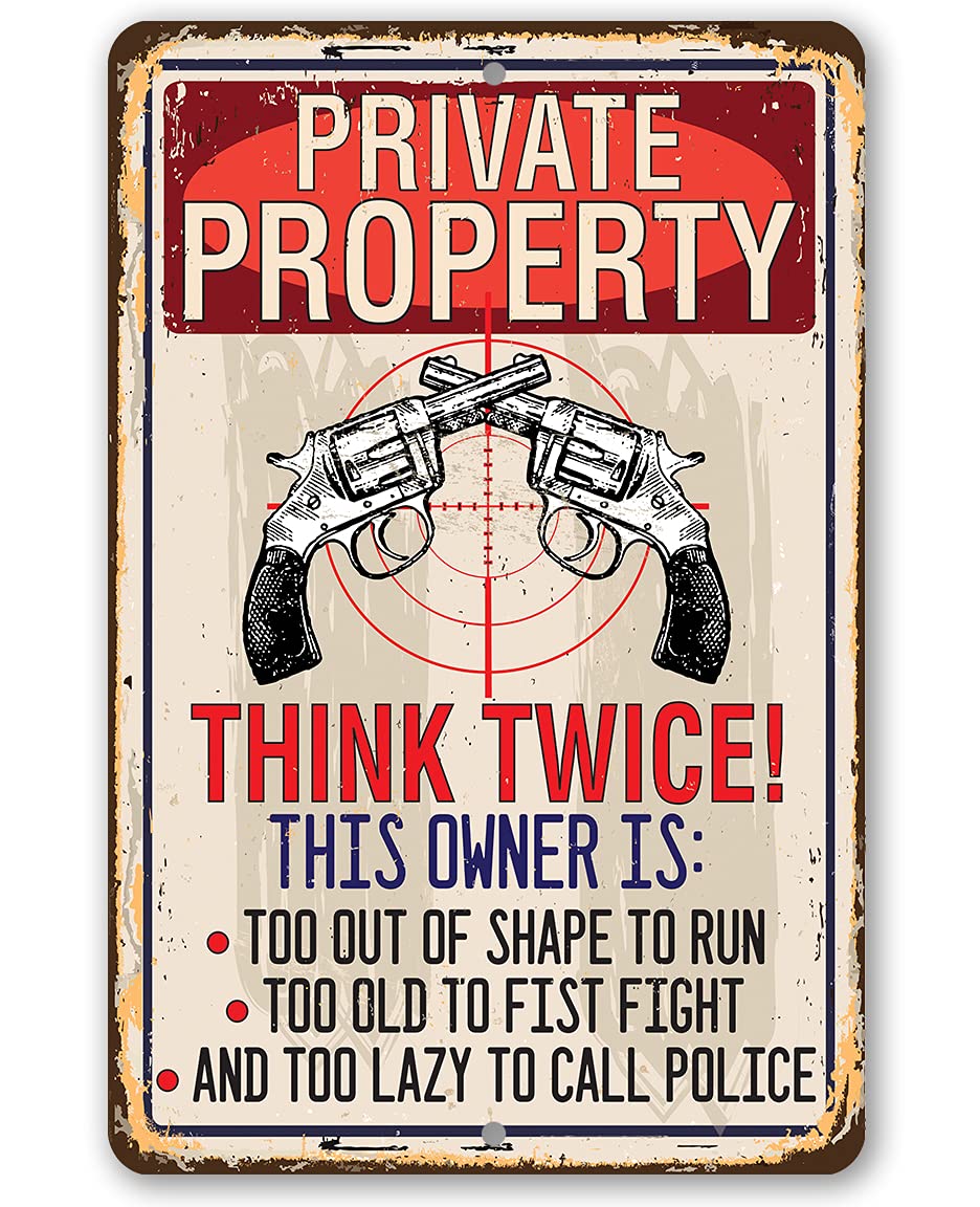 Vintage Private Property Metal Sign - 12x18 Rustic Gun Decor for Fence, Man Cave & Yard, Durable Indoor/Outdoor Use - Perfect Gift for Gun Enthusiasts & Home Defense Enthusiasts