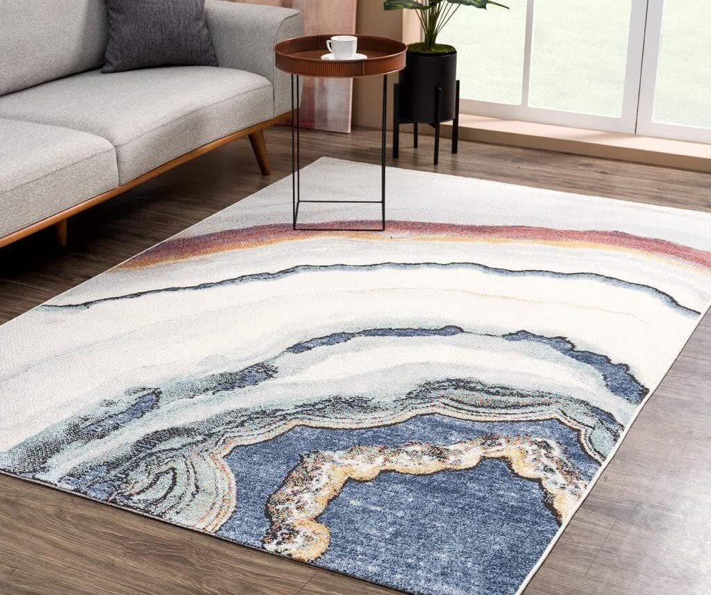 LaDole Rugs Modern Abstract Area Rug - Marble Lava Pattern in Turquoise Blue, Ivory & Red - 3x5 Feet (2'7