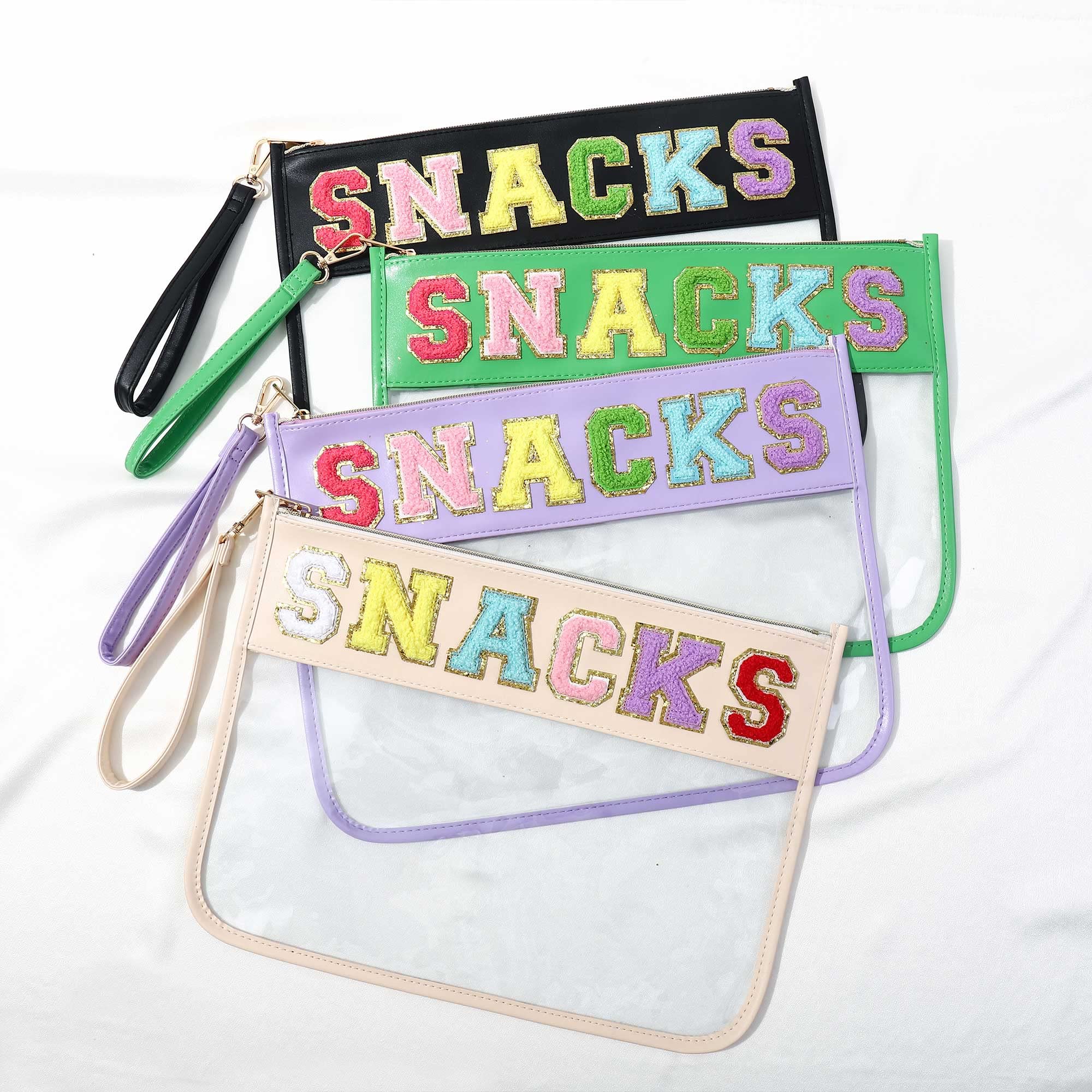HASIOY Clear Pouch with Patches - Snacks Bag, Chenille Letter Cosmetic Tote Bag with Gold Shoulder Straps - Perfect for School, Travel, and Everyday Use