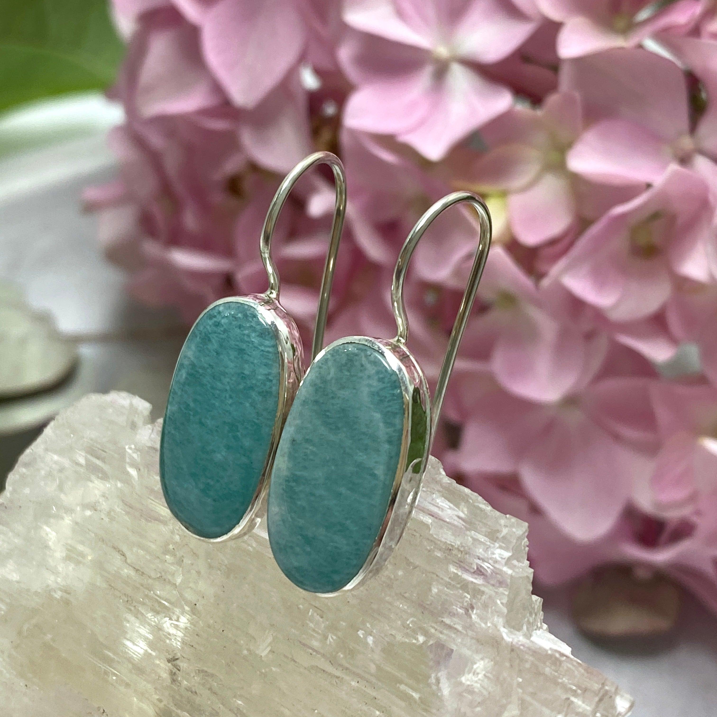 Amazonite Oval Earrings with Fixed Hook - Elegant Gemstone Jewelry for Women | Perfect for Parties, Weddings & Everyday Wear KEGJ1238