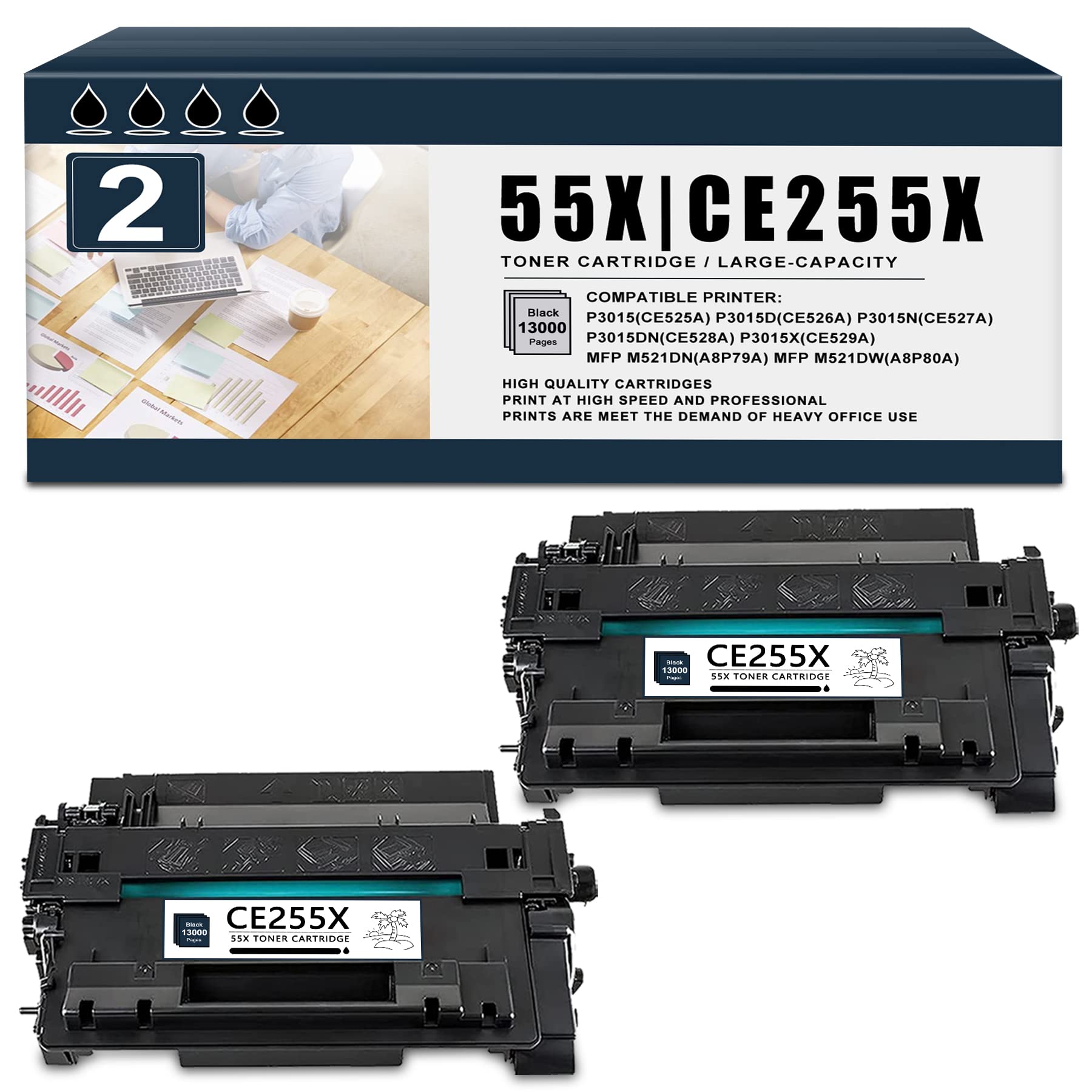 SITIBINK Compatible Toner Cartridge Replacement for HP 55X CE255X (2 Black) - Works with HP LaserJet P3015, P3015d, P3015n, P3015dn, P3015x, M521dn, M521dw, M525dn, M525f, M525c Printers - High Yield Printing for Office & Home Use