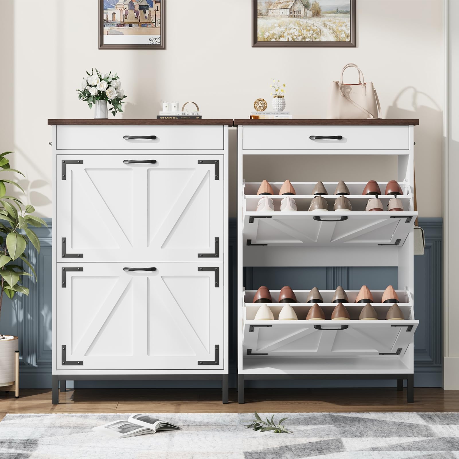Farmhouse Style White Shoe Cabinet with 2 Flip Drawers - Narrow Entryway Shoe Storage Organizer for Hallway, Foyer & Door Entry - Free Standing Hidden Shoe Storage Cabinet (Perfect for Small Spaces & Apartment Living)
