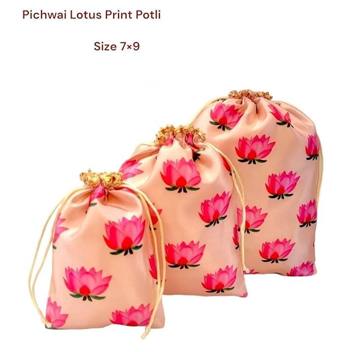 GoldGiftIdeas Pichwai Lotus Print Potli Bag - Elegant Indian Gift Pouch for Home Decor, Wedding Favors, Party Gifts & Candy Packaging (23x18cm) - Perfect for Diwali, Bridal Showers & Festive Celebrations