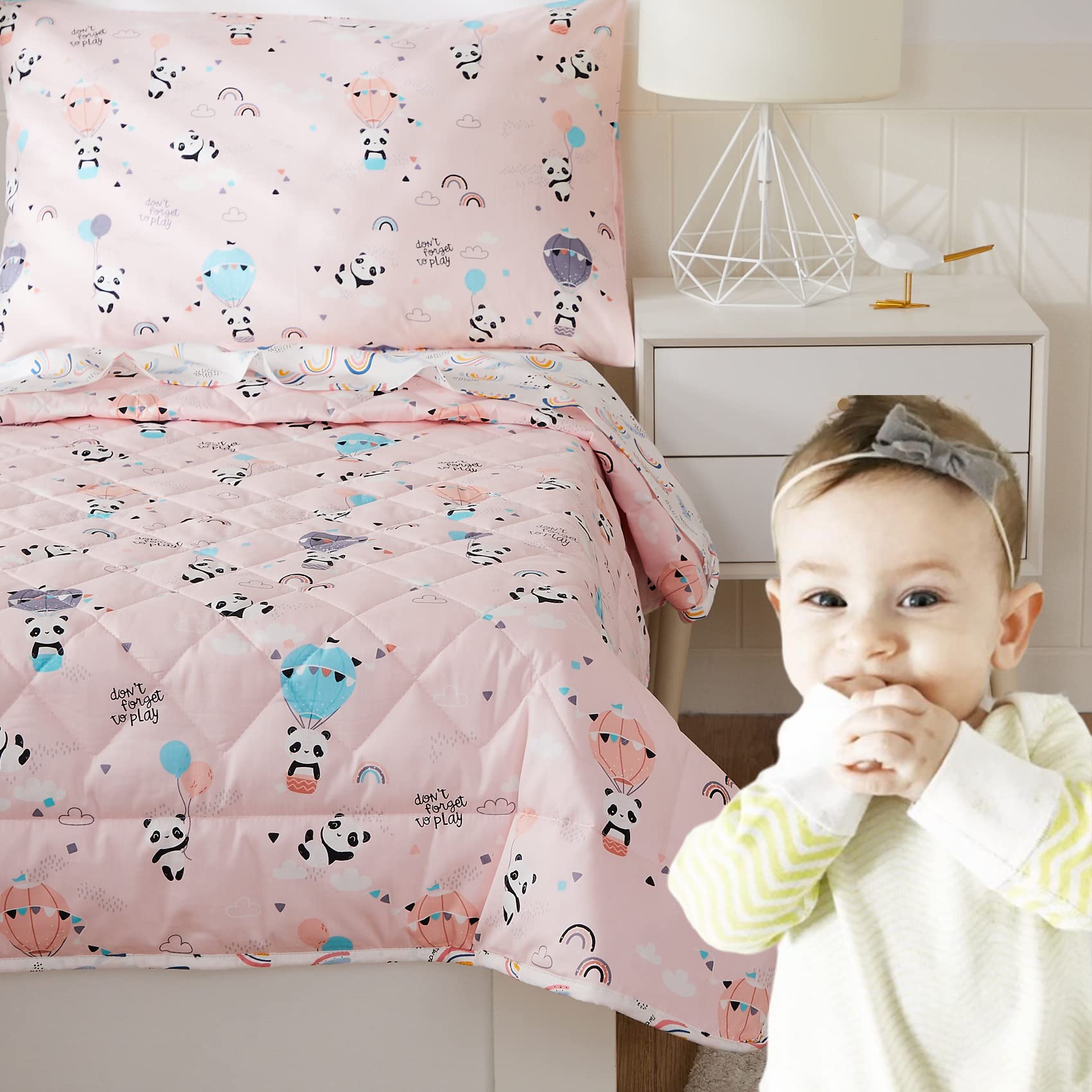 Brandream 4-Piece Panda Rainbow Cotton Toddler Bedding Set for Girls - Pink Baby Quilt, Comforter, Fitted Sheet & Pillowcase | Soft & Cozy Nursery Bed in A Bag | Perfect for Cribs, Daycare & Sleepovers