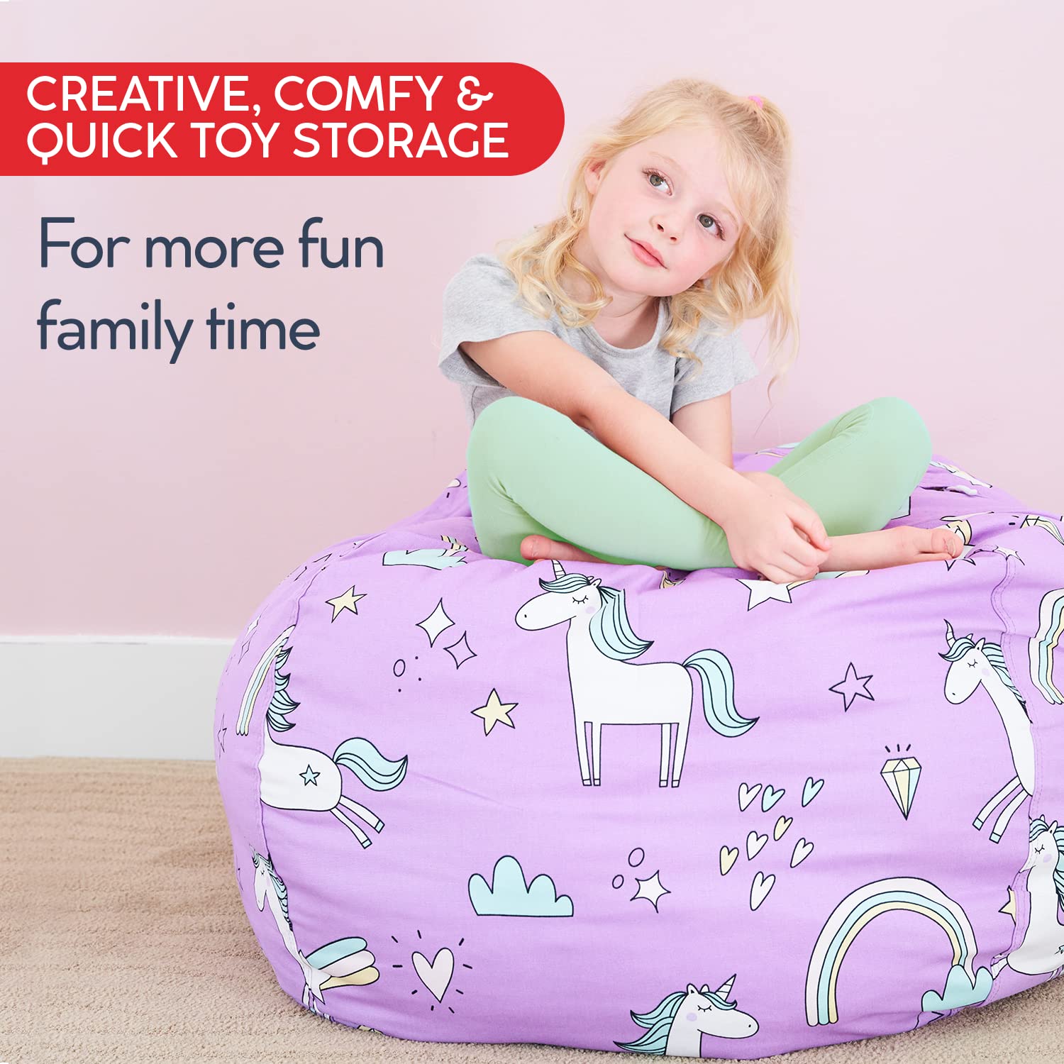 Creative QT Stuff 'n Sit Large 33'' Stuffed Animal Storage Bean Bag Cover - Giant Plush Toy Organizer for Kids' Bedroom, Toddler Playroom & Nursery Decor - Purple Unicorn Design for Fun Playtime & Cozy Reading Nook