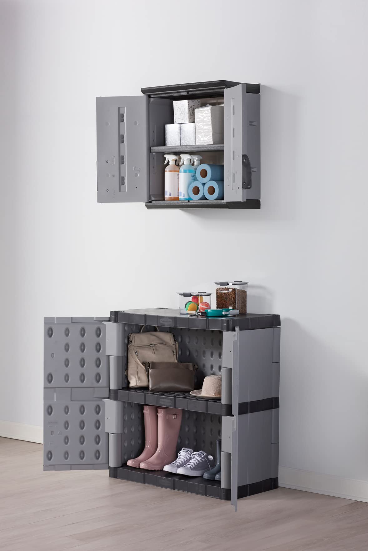 Rubbermaid Heavy Duty Wall Mounted Storage Cabinet - 150 lb Capacity, Lockable Gray 3-Shelf Organizer for Tools, Car Accessories & Cleaning Supplies | Perfect for Garage, Home & Outdoor Storage Organization