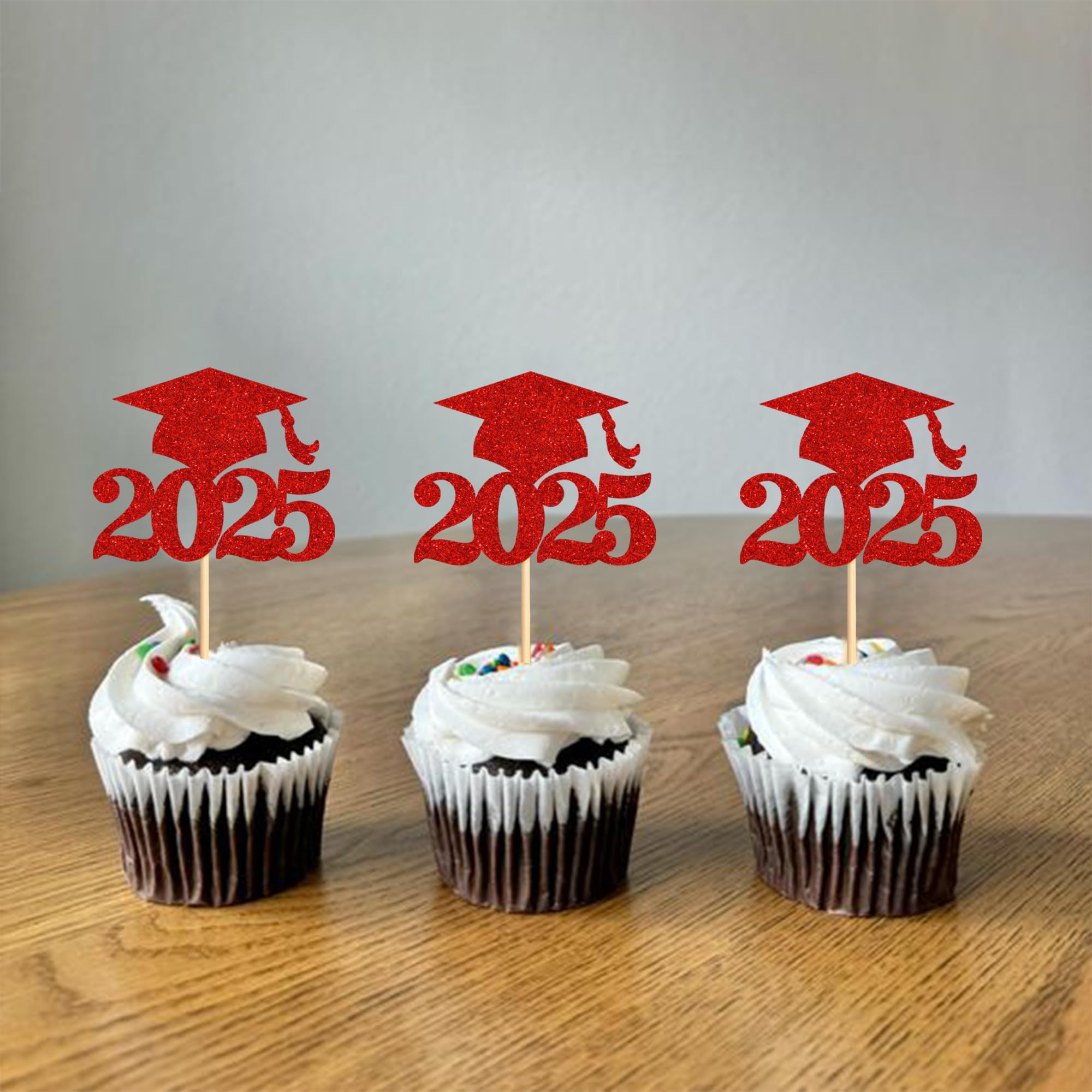 36 Pack 2025 Graduation Cap Cupcake Toppers - Glitter Class of 2025 Decorations for Graduation Party Supplies (Red) - Perfect for Graduation Cakes, Cupcakes, and Dessert Table Decor