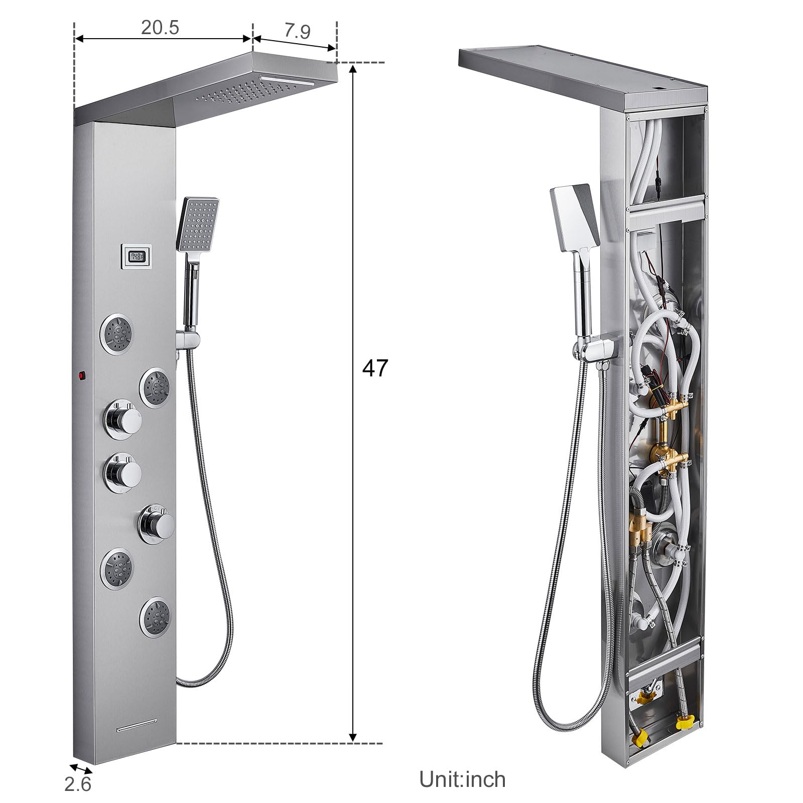6 in 1 Stainless Steel LED Shower Panel Tower System with Rainfall Showerhead, Waterfall, Massage Jets, Tub Spout & Handheld - MENATT Brushed Finish for Luxurious Bathroom Upgrade | Perfect for Spa-Like Experience at Home