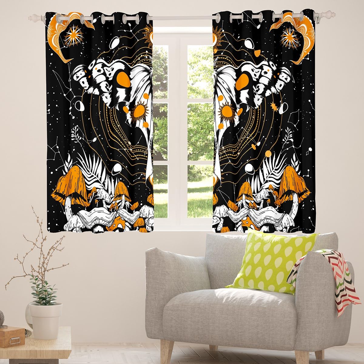 Trippy Yellow Mushroom & Luna Moth Moon Phases Window Curtains Set of 2 Panels - 42x84 Inches Hippie Galaxy Bedroom Drapes for Teens & Adults - Perfect for Boho Decor, Dorm Room, Meditation Space & Psychedelic Room Aesthetics