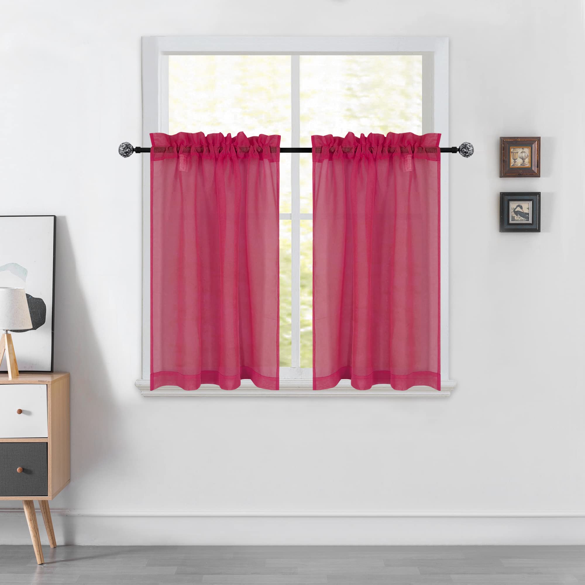 Wine Red Short Sheer Kitchen Curtains 36 Inch - Semi Sheer Tier Cafe Curtains with Rod Pocket, Linen-Look Window Drapes for Privacy - Perfect for Basement, Bathroom & Small Windows (34x36 Inches) - Ideal for Kitchens, Breakfast Nooks & Cozy Dining Areas