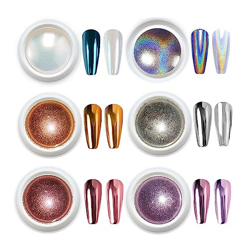 6 Colors Chrome Nail Powder Set - Mirror Effect & Holographic Nail Art Powder with Pearl Finish - Perfect for Gel Polish, Acrylic Nails & DIY Manicures at Home or Salon