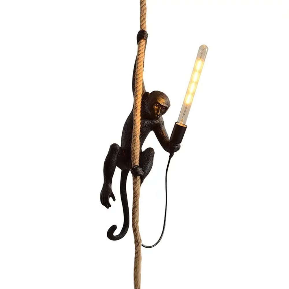 Handmade Resin Monkey Ceiling Pendant Light - Black Hanging Lamp with Hemp Rope for Dining Room, Restaurant, Bar & Cafe | Unique Home Decor & Creative Lighting for Jungle Theme, Tropical Decor & Boho Interior Design