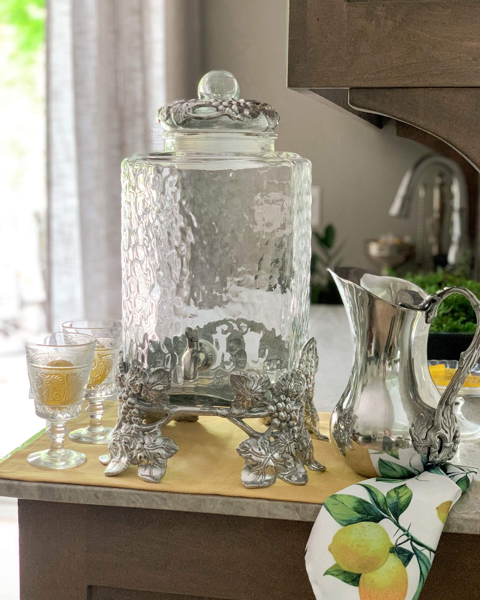 Premium Arthur Court Glass Drink Dispenser with Leak-Free Stainless Steel Spigot - Elegant Metal Grape Pattern Base - 2.5 Gallon Capacity - 19