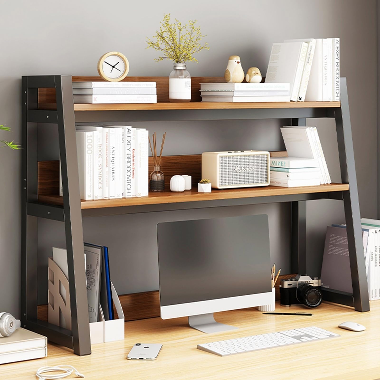 2-Tier Desktop Hutch Shelf - Computer Desk Organizer & Bookcase for Home Office | Multipurpose Storage Rack for Countertop Display (29.5 Inch) - Perfect for Dorm, Workspace & Clutter-Free Organization