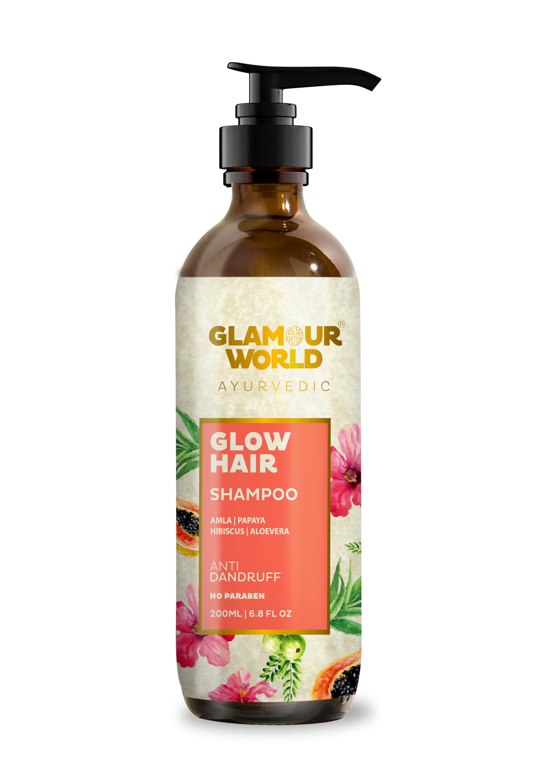 Glamour World Ayurvedic Glow Hair Shampoo for Dandruff Control - Natural Anti-Hair Fall Treatment with Reetha, Papaya & Hibiscus | Oily Scalp Solution | Jasmine Oil Enriched | Perfect for Daily Hair Care & Scalp Health Maintenance