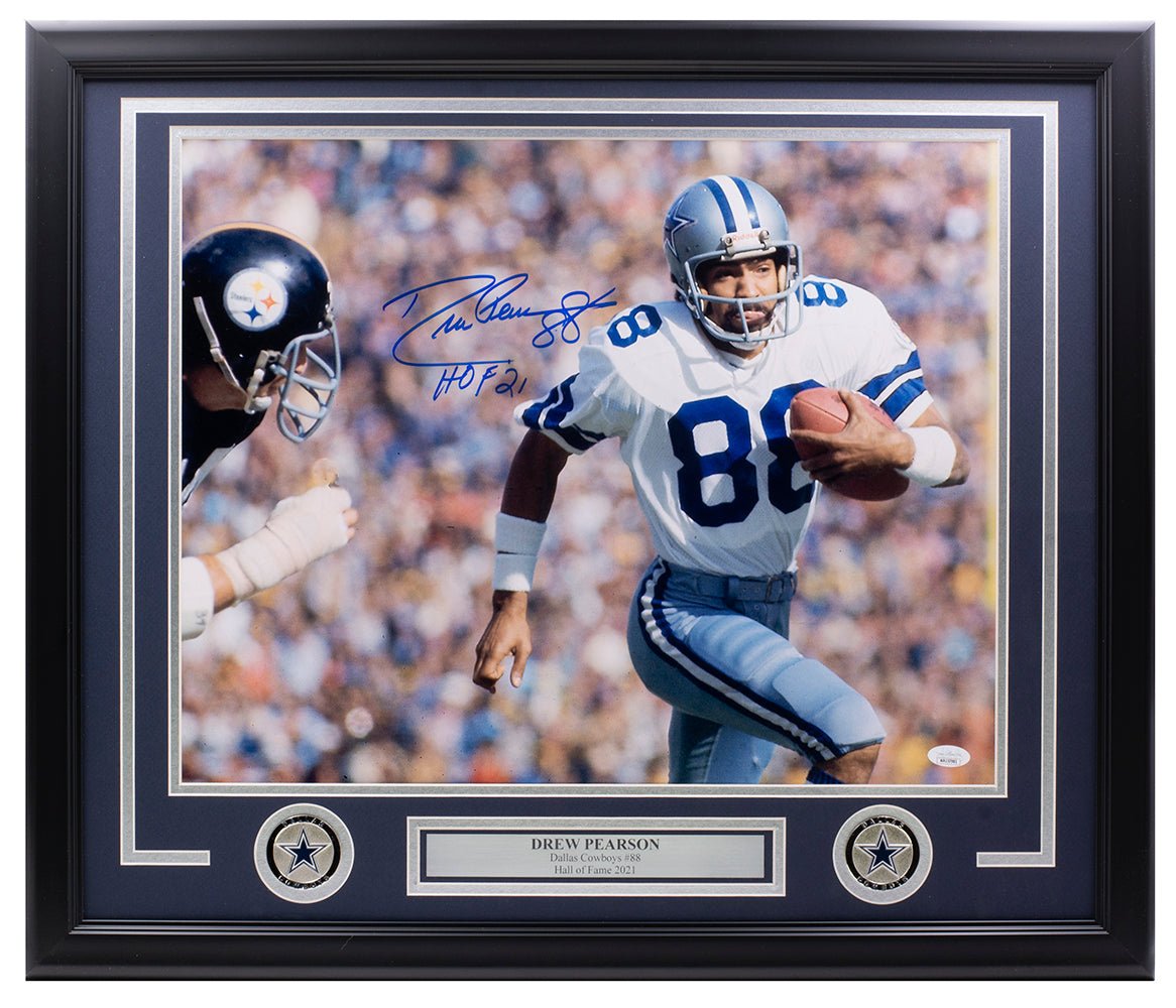 Drew Pearson Autographed Dallas Cowboys 16x20 Framed Photo with JSA COA - Hall of Fame 21 Inscription - Perfect for Sports Memorabilia Collectors and Cowboys Fans