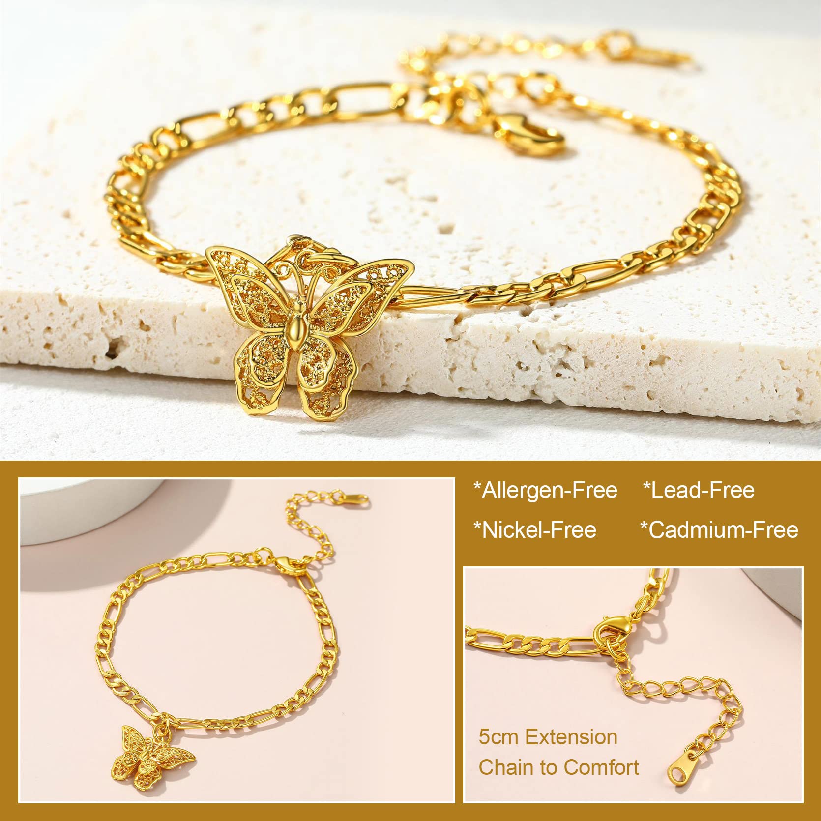 GOLDCHIC JEWELRY 14K Gold Plated Butterfly Anklet for Women - Adjustable 8.5+2 Inch Figaro Chain Ankle Bracelet - Elegant Foot Jewelry for Summer, Beach, Parties & Special Occasions