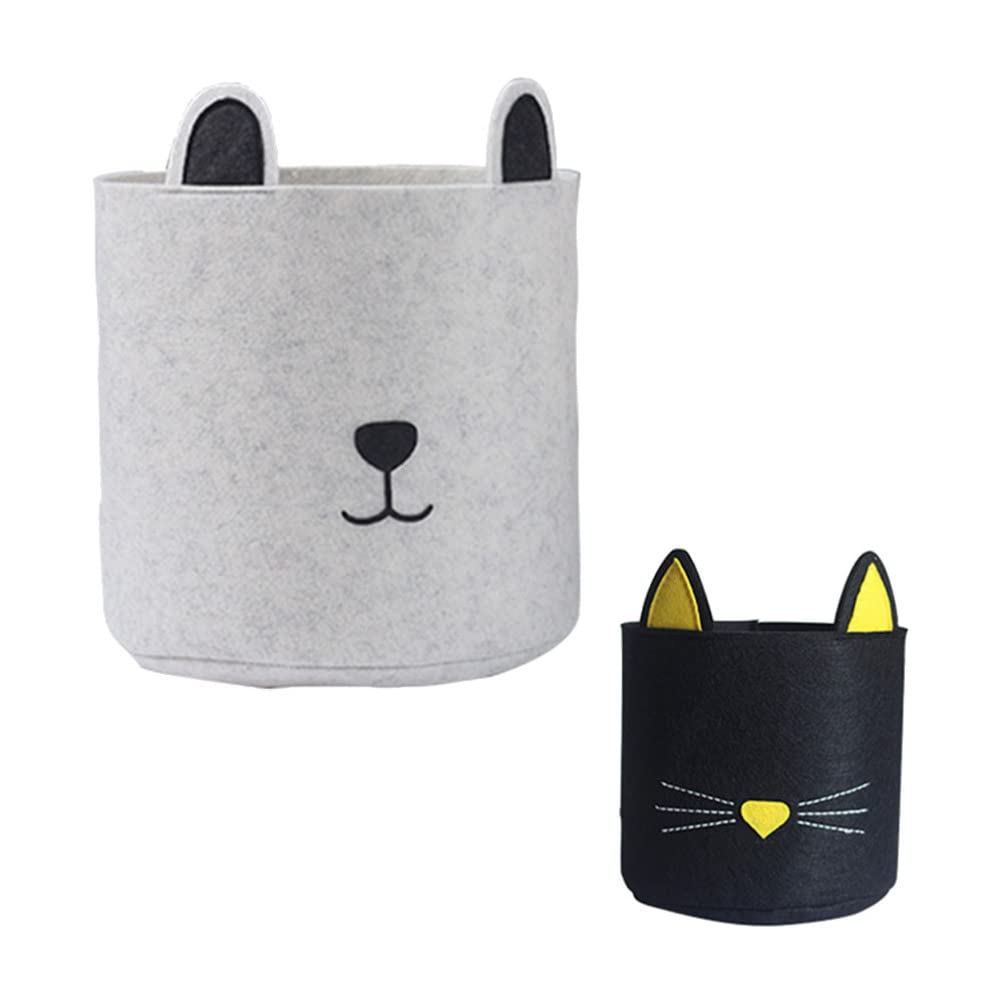 2-Pack Cartoon Cat Pattern Felt Storage Baskets - Large Collapsible Laundry & Toy Organizer (Black & Light Grey) | Perfect for Kids' Room, Nursery, and Playroom Organization