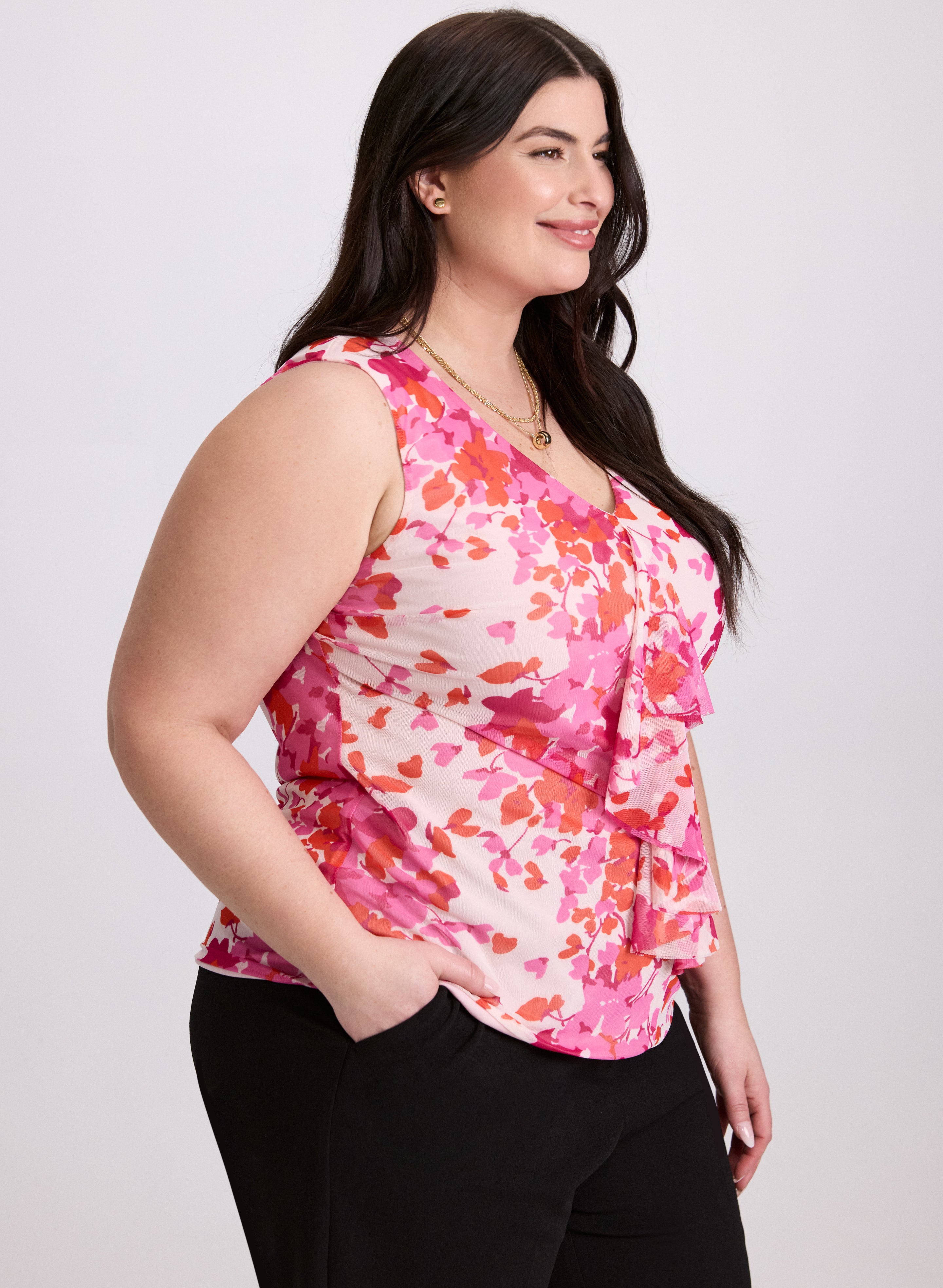 Floral Flounce Front Top Women's Blouse - Elegant Ruffled V-Neck Tunic for Spring & Summer Outfits | Perfect for Office, Date Night & Casual Wear