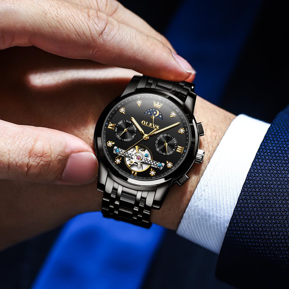 OLEVS Men's Automatic Self-Winding Skeleton Watch - Luxury Stainless Steel Waterproof Wristwatch with Luminous Hands - Perfect for Business, Formal Events & Everyday Wear