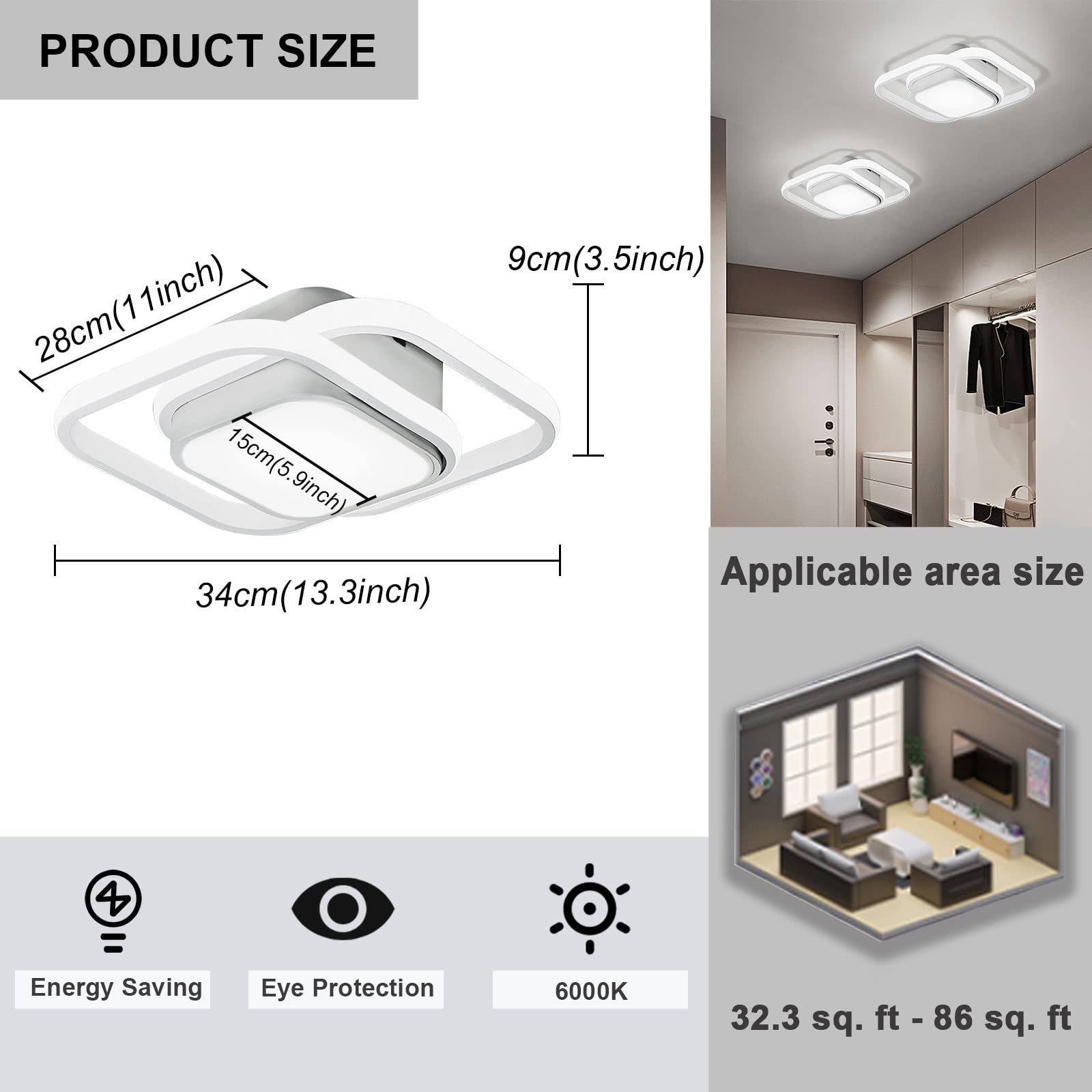 Modern Square LED Ceiling Light Fixture - CANEOE Small Cool White Hallway Light for Bedroom, Kitchen, Living Room, Study & Corridor | Energy-Efficient Indoor Lighting for Homes & Offices (White)