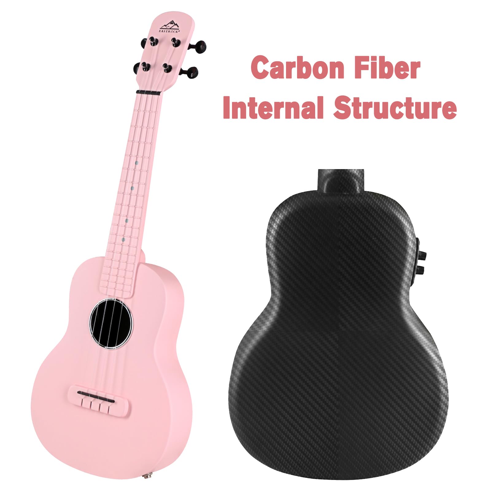 EASTROCK 23 Inch Carbon Fiber Electric Concert Ukulele Kit - Professional Ukelele for Kids, Students & Adults with Case, Strap, Capo & Strings (Pink) | Perfect for Beginners, Live Performances & Music Practice