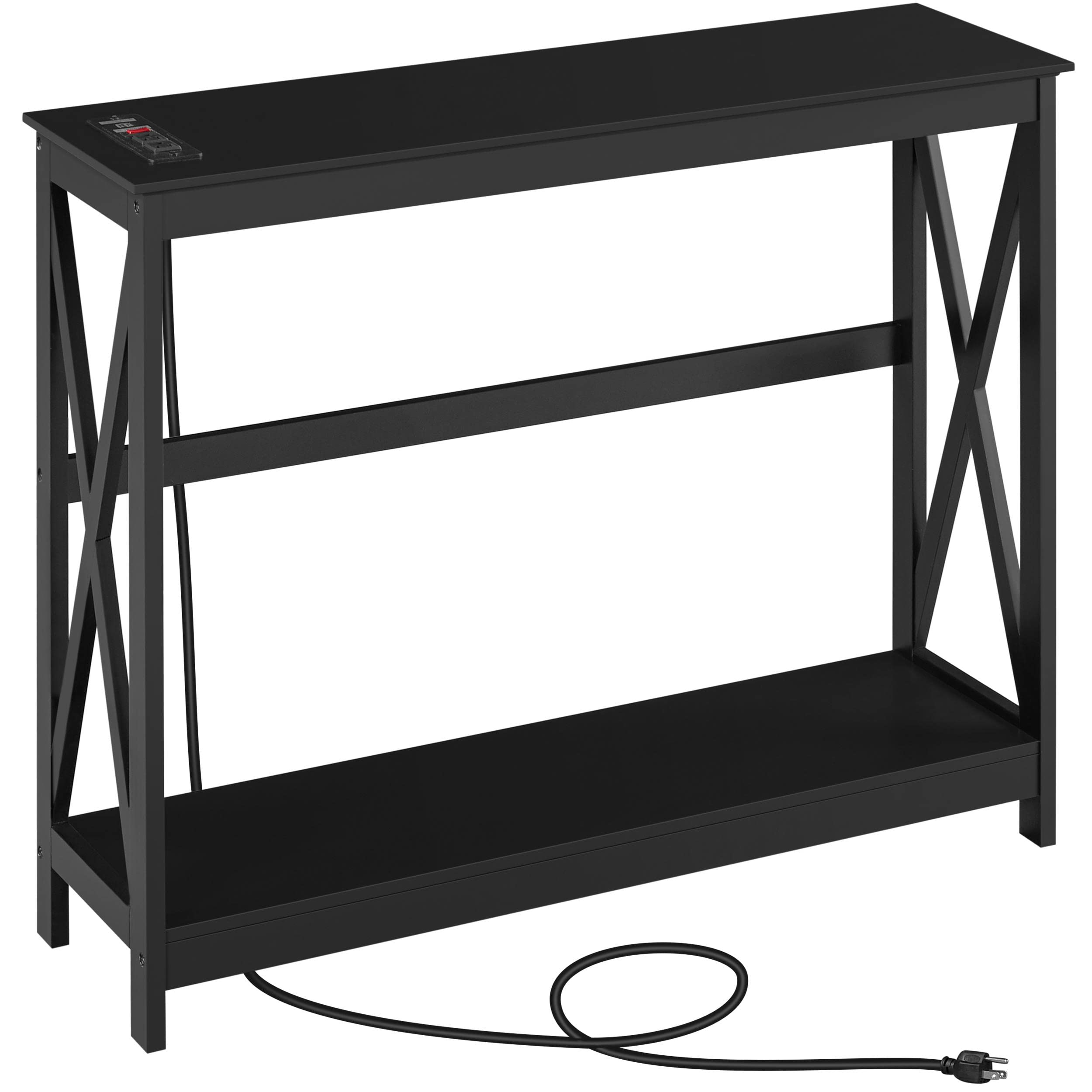 Yaheetech Modern Console Table with Built-in Outlets & USB Ports, Slim Entryway Table with Storage Shelves, X-Design Sofa Table for Living Room, Hallway, Foyer - Perfect for Charging Devices & Home Organization (Black)