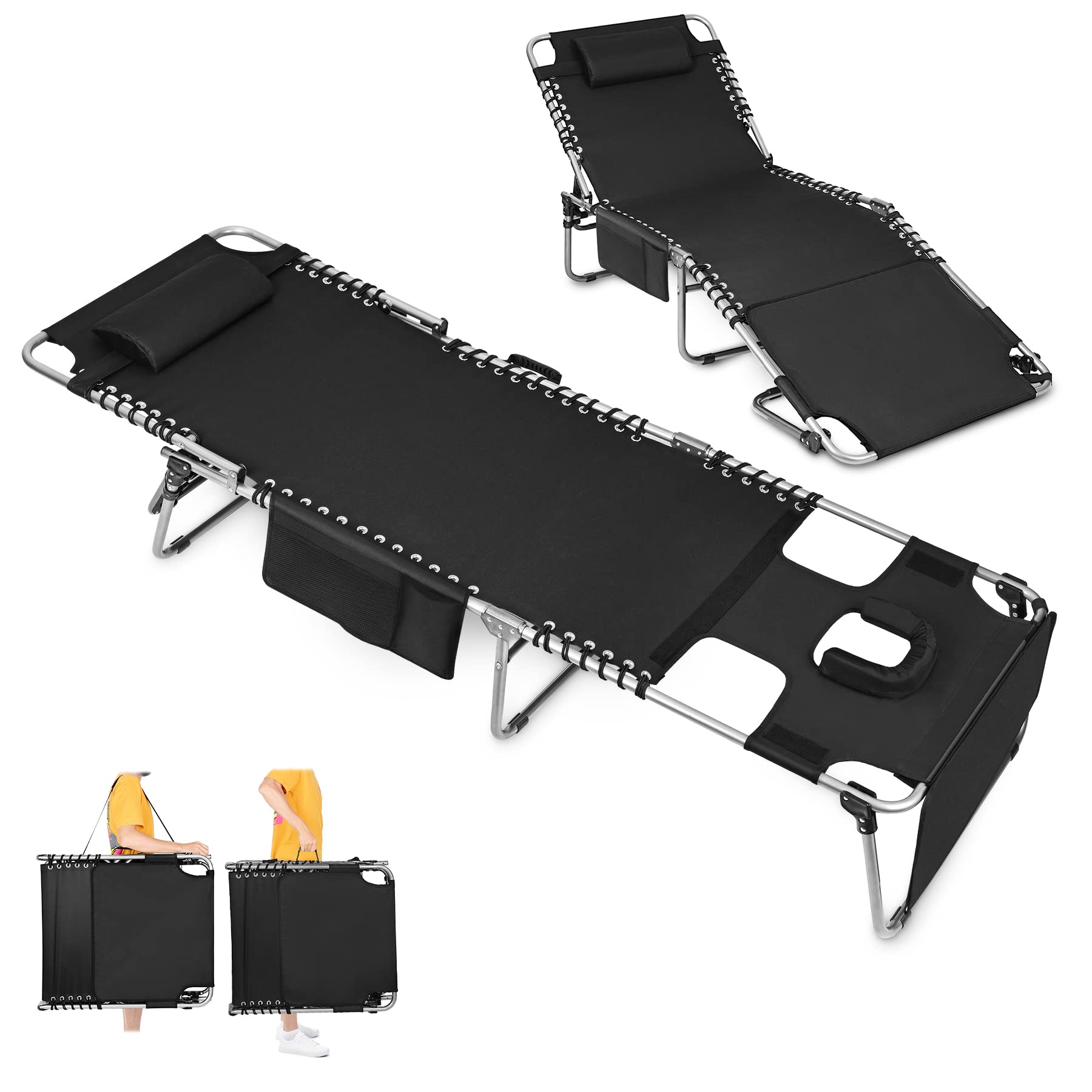 Adjustable 5-Position Heavy Duty Tanning Chair with Face Hole - Portable Folding Chaise Lounge for Beach, Poolside, Patio, Lawn & Camping - Perfect for Sunbathing, Relaxing & Outdoor Lounging