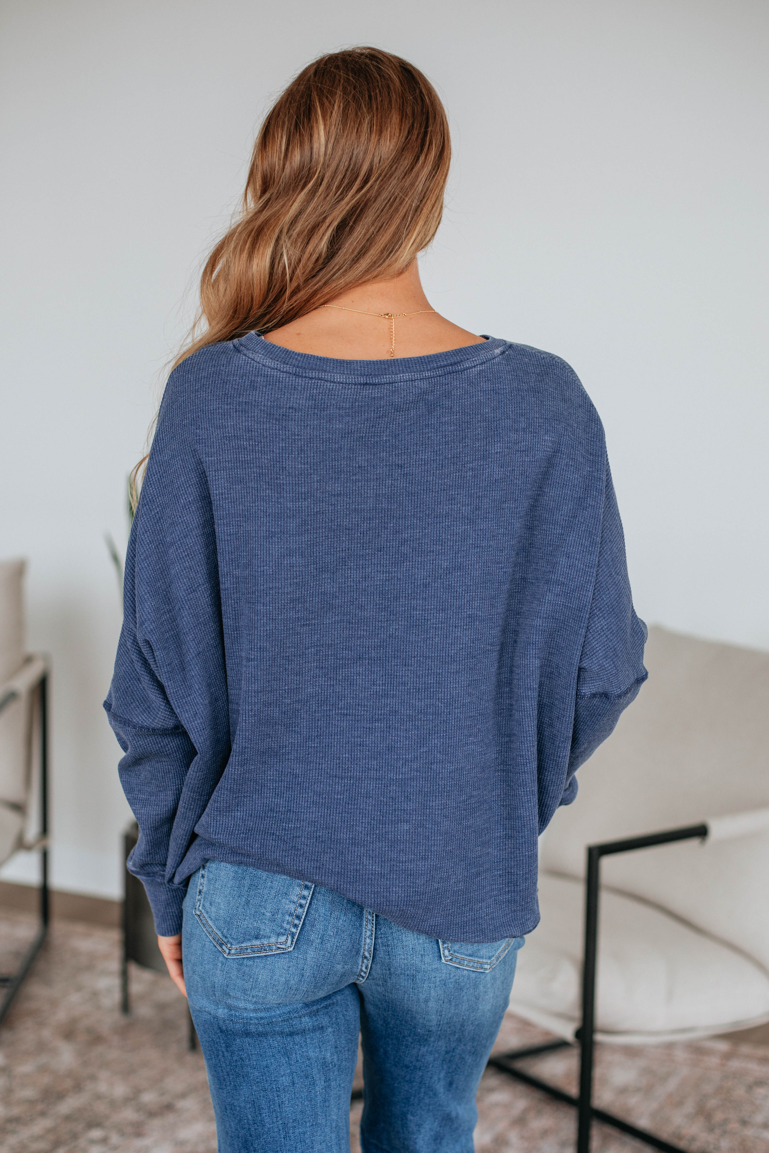 Breathable Waffle Knit Top for Women - Soft Steel Blue Long Sleeve Shirt | Perfect for Layering, Casual Outfits & Fall Fashion