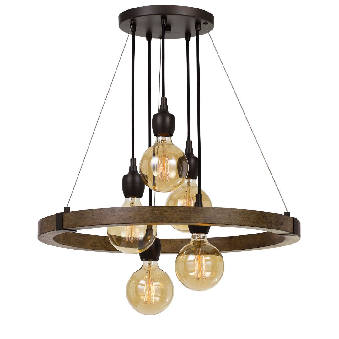Cal Lighting 60W X 5 Martos Metal and Wood Chandelier - Modern Rustic Ceiling Light Fixture for Dining Room, Living Room & Bedroom
