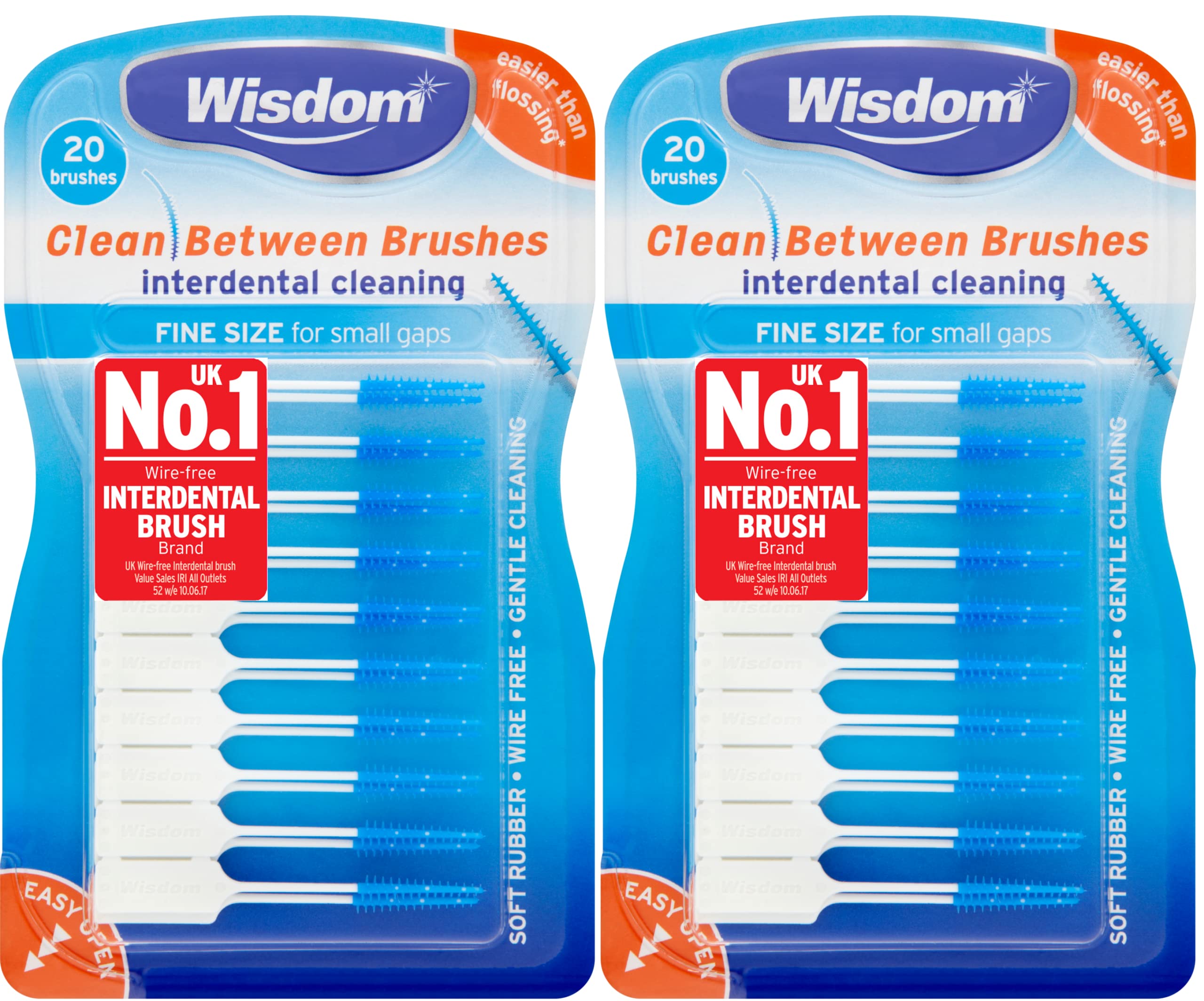 Wisdom Clean Between Fine Blue Dental Brushes - Pack of 2 (40 Count Total) | Interdental Cleaning for Braces, Bridges & Tight Teeth Spaces | Gentle Plaque Removal for Oral Hygiene
