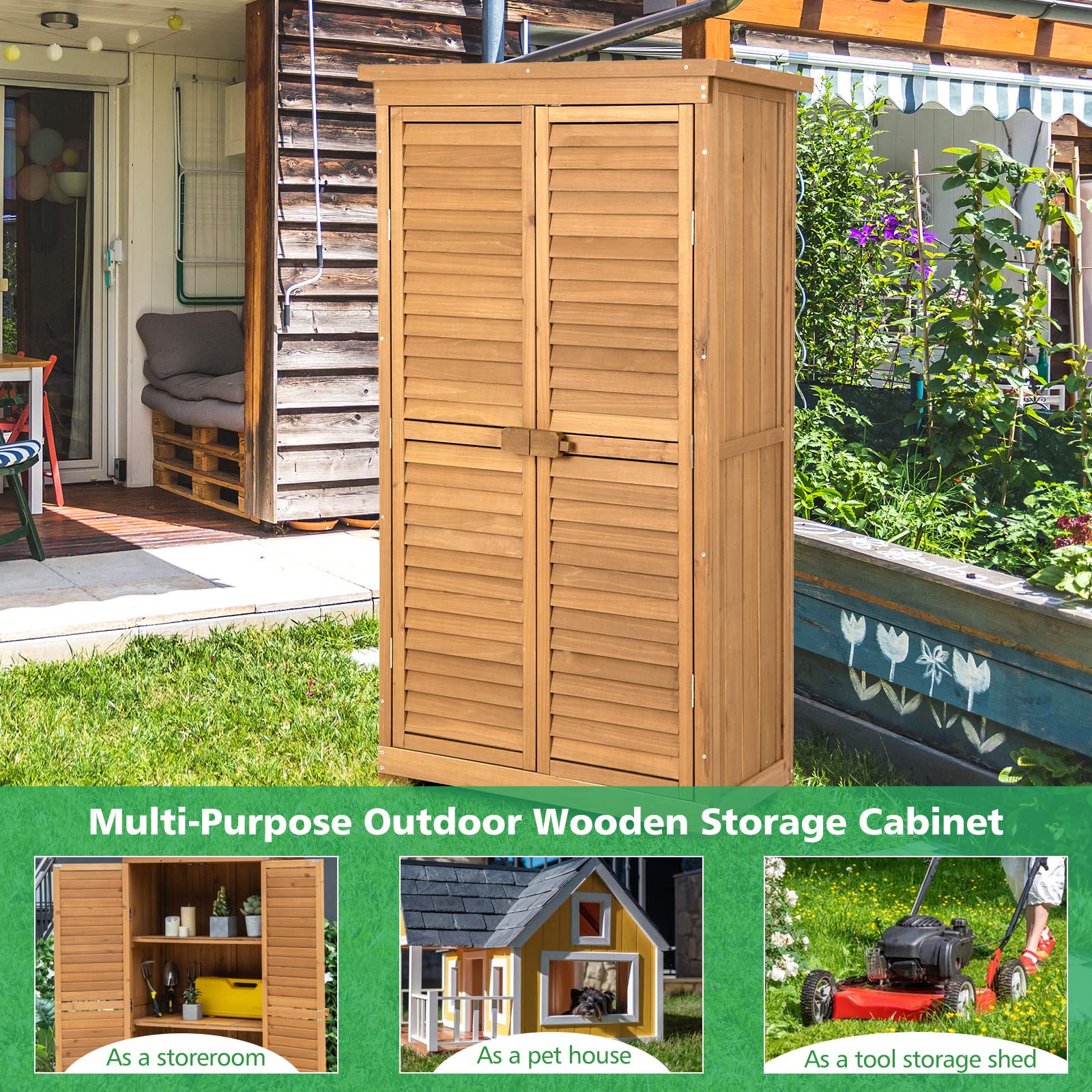 GOFLAME 63 Inch Outdoor Storage Cabinet with 3 Removable Shelves - Waterproof Wooden Garden Shed, Adjustable Footpads & Latch - Vertical Tool Storage for Porch, Deck, Backyard, Patio (Great for Storing Gardening Tools, Outdoor Equipment & Seasonal Items)