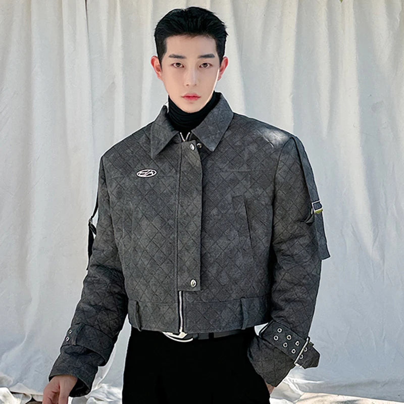Argyle Men's Padded Jacket with Lapel Buckle Design - Gradient Color Zipper Cotton Short Coat - American Style Winter Outerwear for Casual Wear & Outdoor Activities (Model 9C3926)