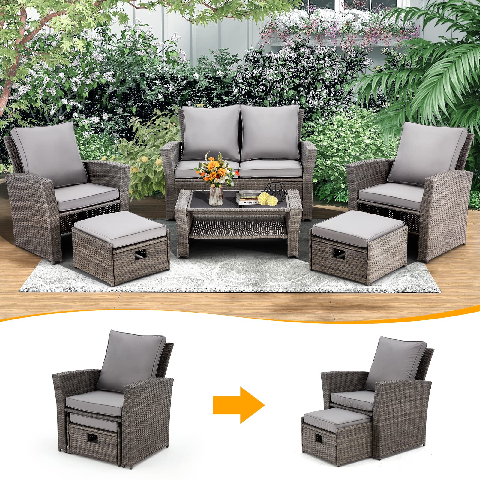 GYUTEI 6-Piece Outdoor Patio Furniture Set - Dark Gray Rattan Sectional Sofa with Ottoman & Storage Table - Weather-Resistant Garden, Porch, Backyard Conversation Set for Relaxing & Entertaining