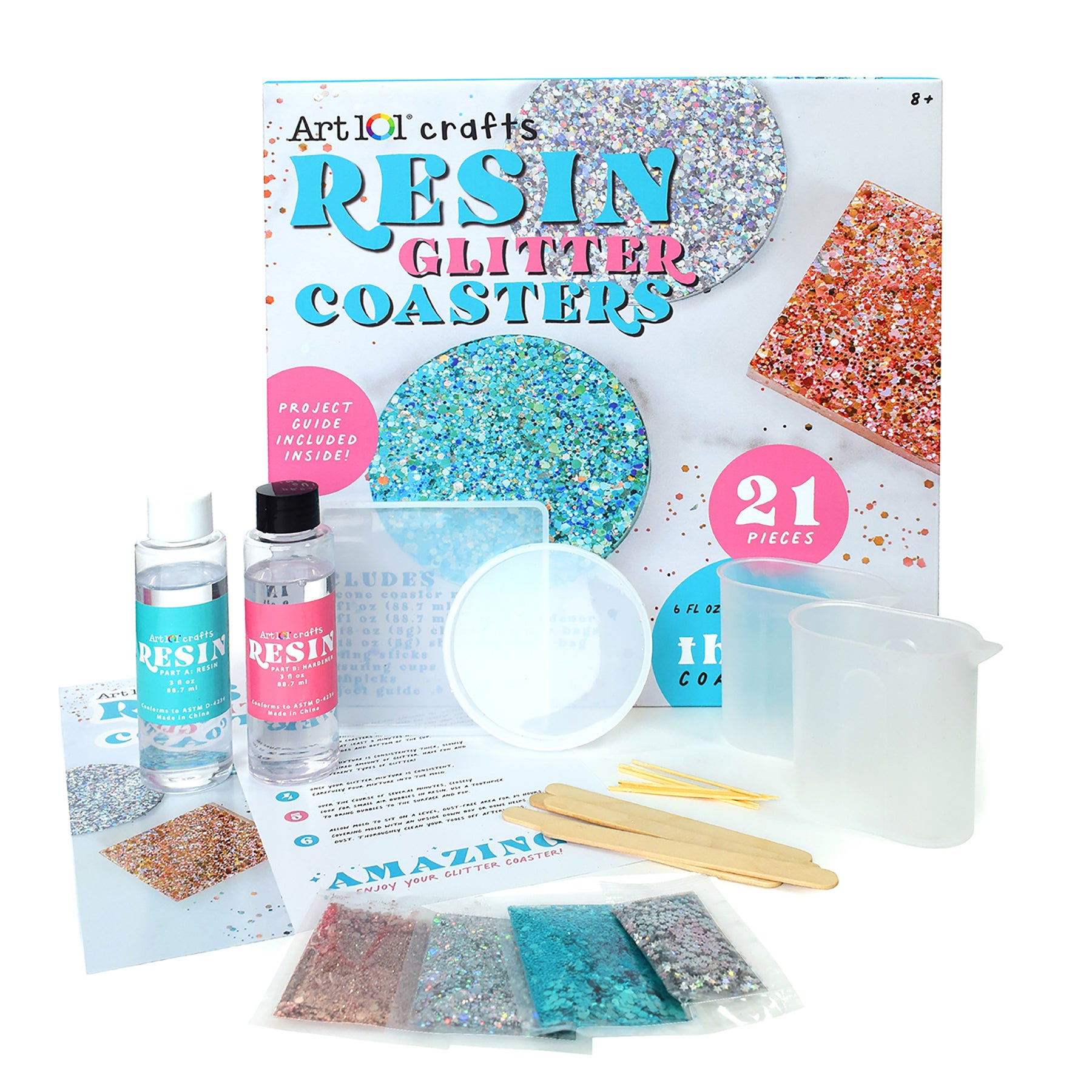 Art 101 Beginner Resin Glitter Coaster Creation Kit - DIY Epoxy Resin Craft Set for Home Decor & Party Favors - Perfect for Gifts, Wedding Decorations & Table Centerpieces