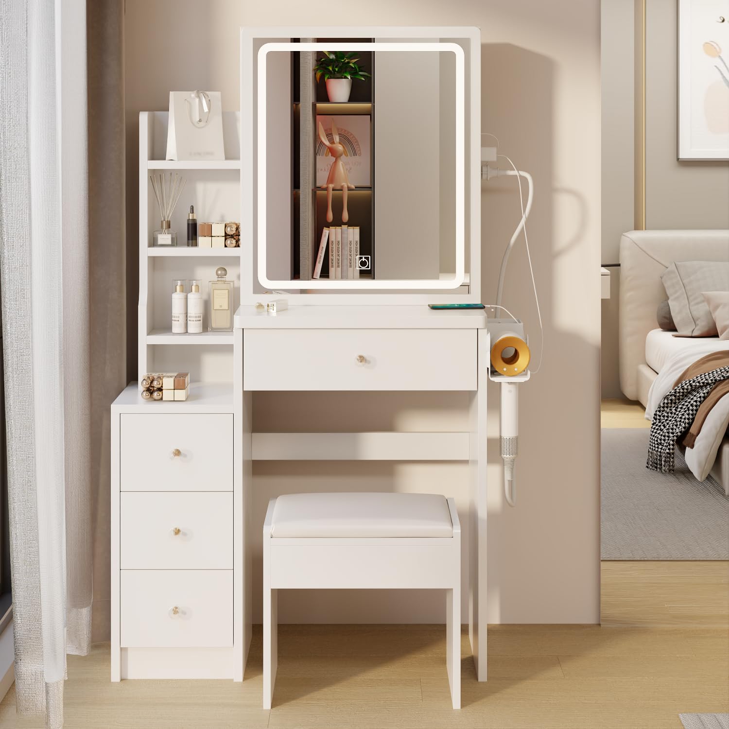 HOUAGI White Makeup Vanity Desk with Mirror & Lights for Small Bedroom - Perfect Dressing Table Set