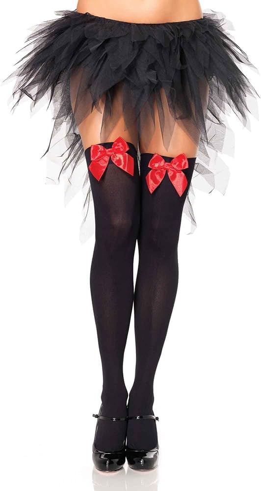 URBANWAZE Women's Black Thigh High Socks with Red Satin Bow - Over The Knee Hold Up Stockings for Party, Fancy Dress & Halloween - Opaque Knee High Socks for Women - Perfect for Cosplay, Christmas, and Festive Occasions