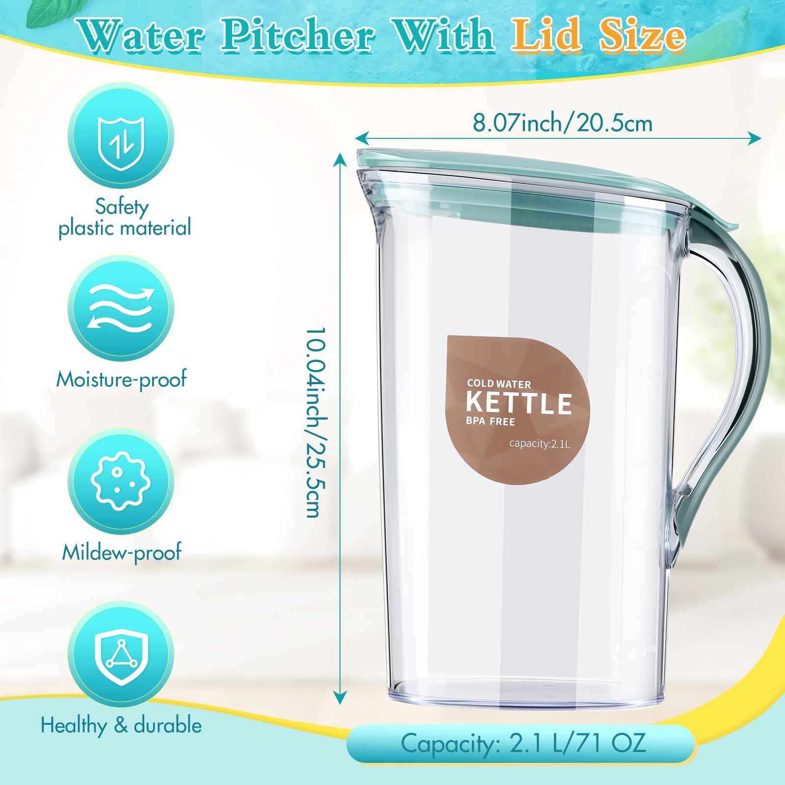 2 Pack 71 oz BPA-Free Plastic Water Pitcher with Lid - 0.56 Gallon Clear Beverage Dispenser for Refrigerator - Perfect for Cold Lemonade, Iced Tea, Juice & Hot Drinks - Ideal for Home, Office & Outdoor Use (Light Blue)