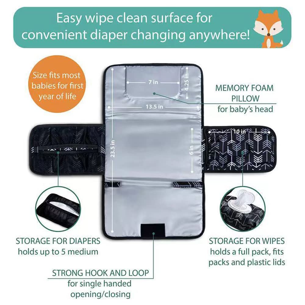 DZOZO Portable Baby Diaper Changing Pad - Waterproof Travel Changing Mat with Storage Pockets & Built-in Pillow | Foldable Nappy Station for Nursery, Car, Stroller & On-the-Go Parents