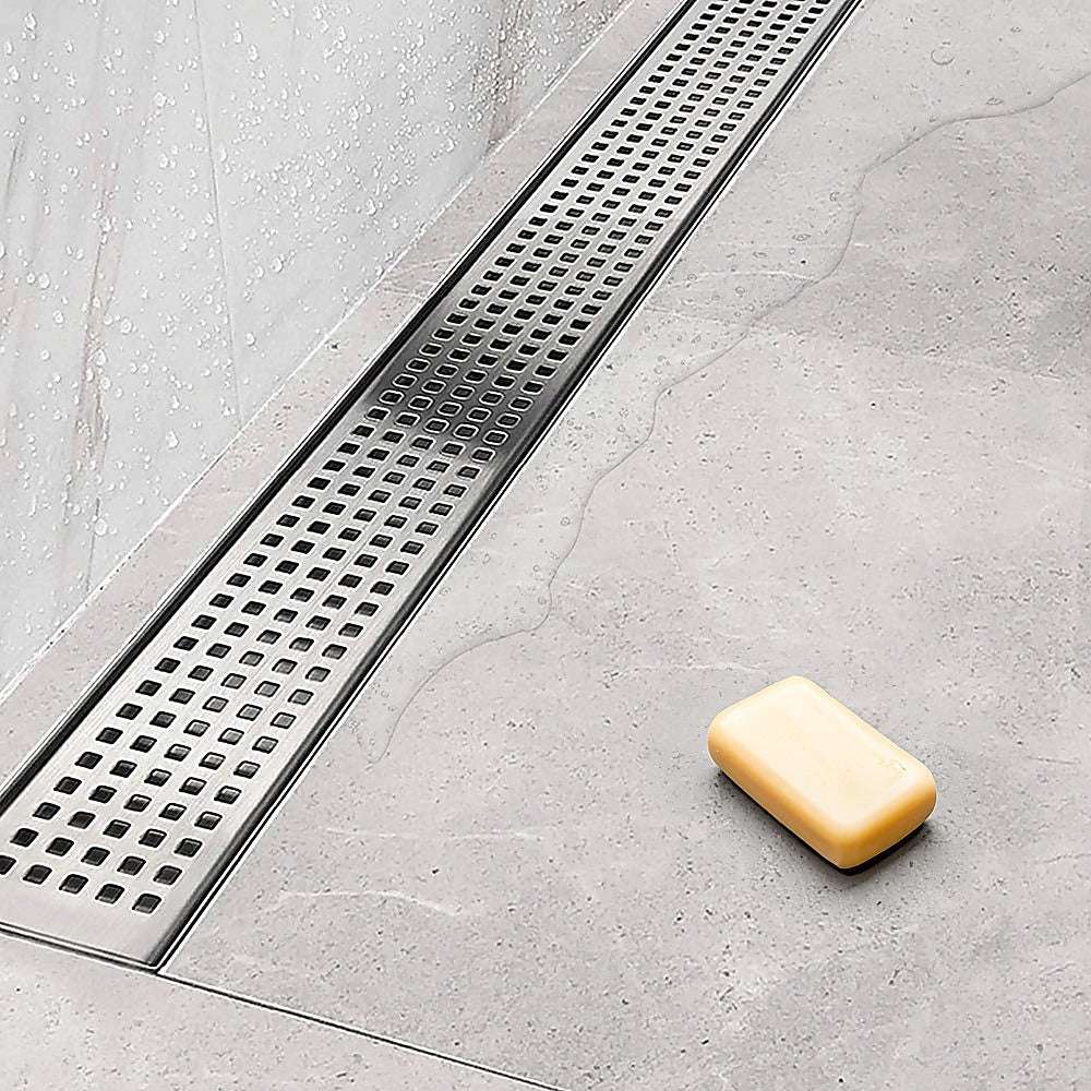 1200mm Stainless Steel Shower Drain Grate - Square Pattern with Center Outlet - Anti-Slip Bathroom Floor Waste Drain for Wet Rooms & Showers