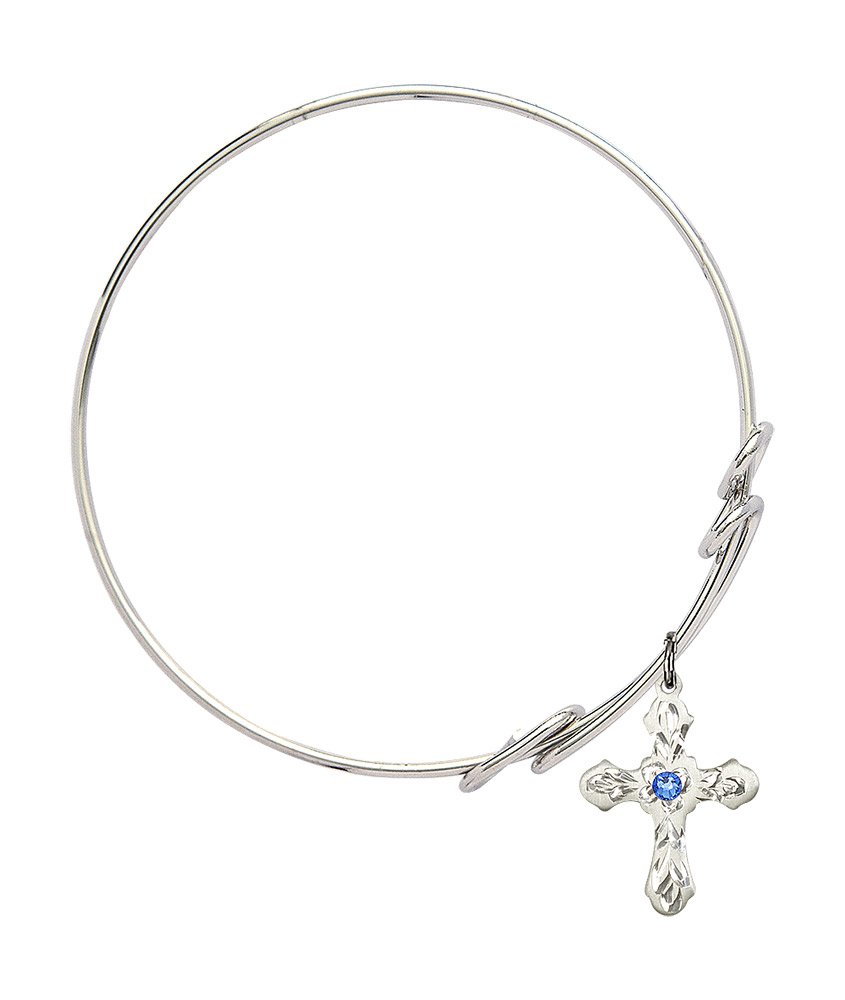 8 1/2 Inch Round Double Loop Bangle Bracelet with Cross Charm & September Birthstone Blue Crystal - Perfect for Everyday Wear, Gift Giving & Special Occasions