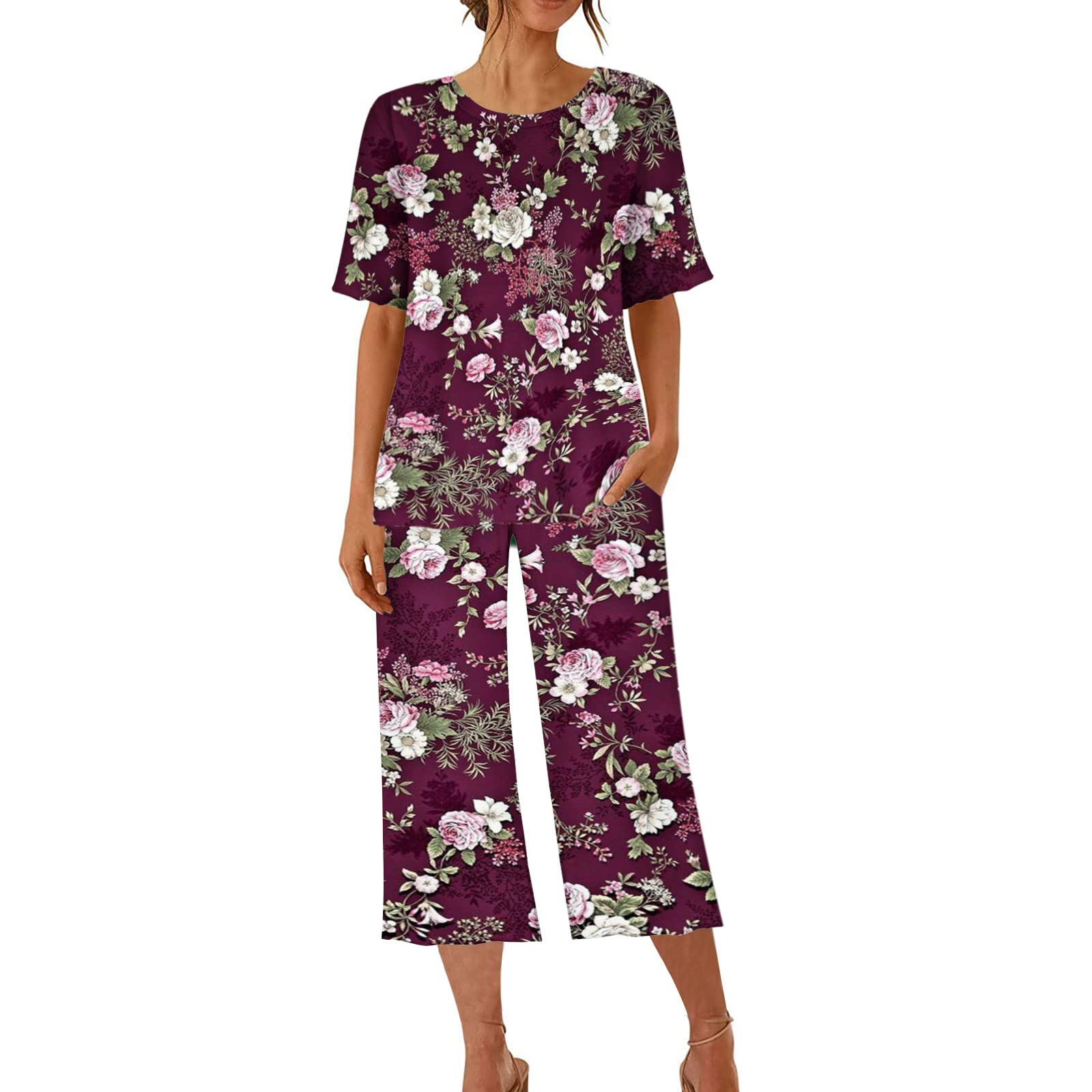 Women's 2-Piece Printed Pajama Set - Soft Summer Sleepwear with Capri Pants & Pockets - Matching Lounge Outfit for Home, Vacation & Relaxation