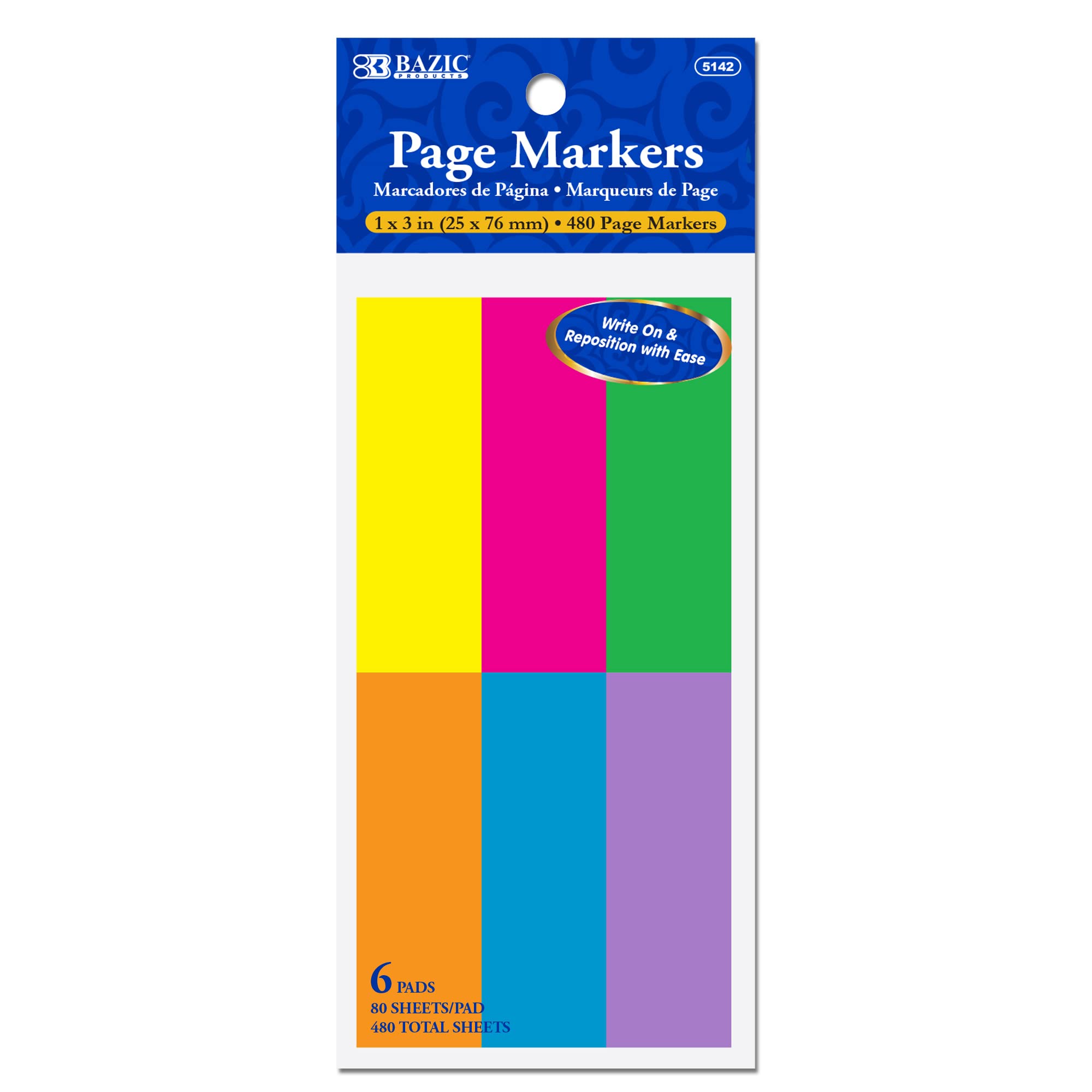 BAZIC Neon Page Markers 1x3 Inch Colored Index Tabs - 480 Sticky Note Sheets per Pack (144-Pack) - Writable File Tab Flags for Books, Office Documents & School Notebooks - Perfect for Bookmarking, Organizing & Color-Coding