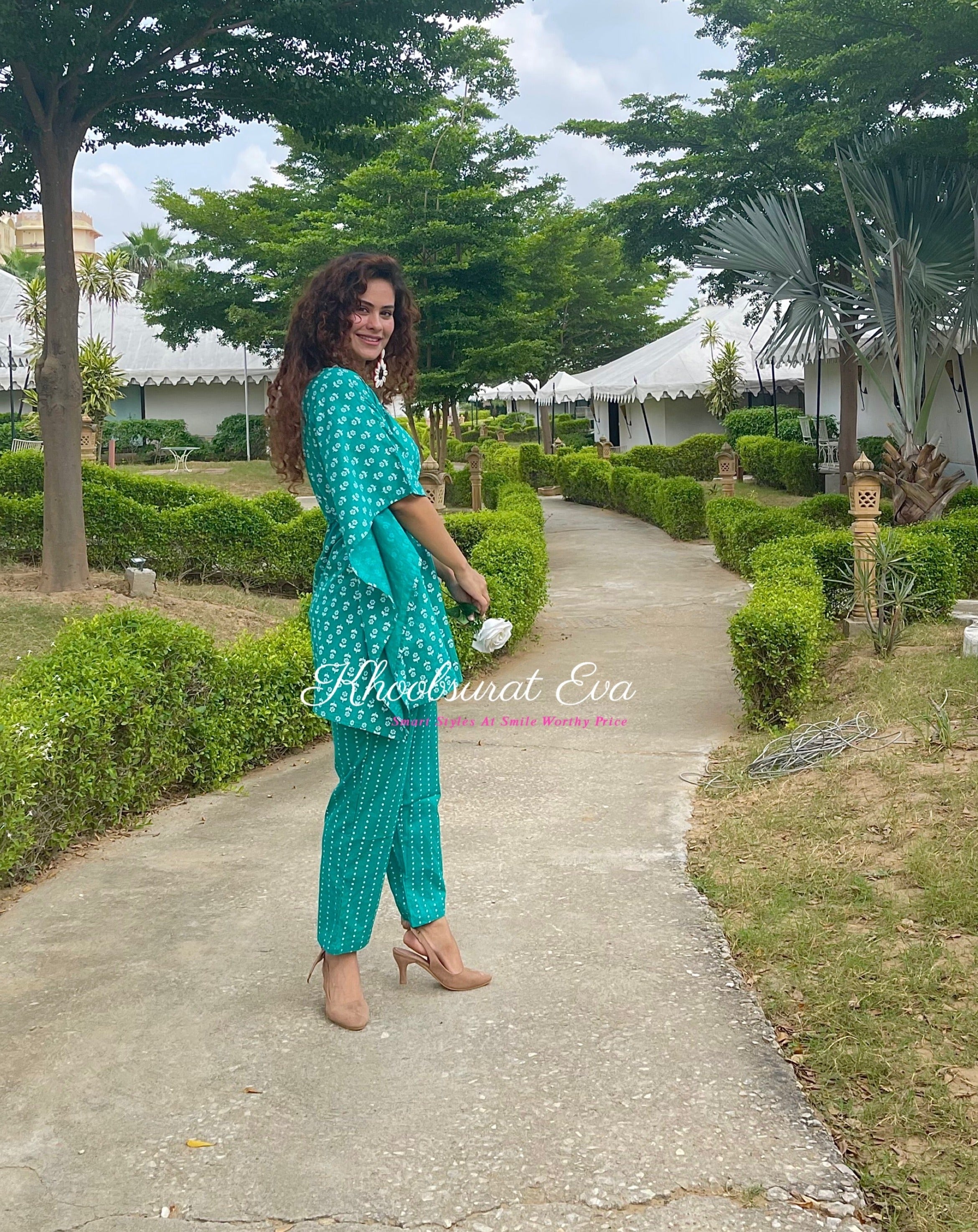 Stylish Green Printed Cotton Kaftan Co-Ord Set for Women - Summer Beachwear & Boho Outfit for Vacations, Pool Parties, and Relaxing at Home
