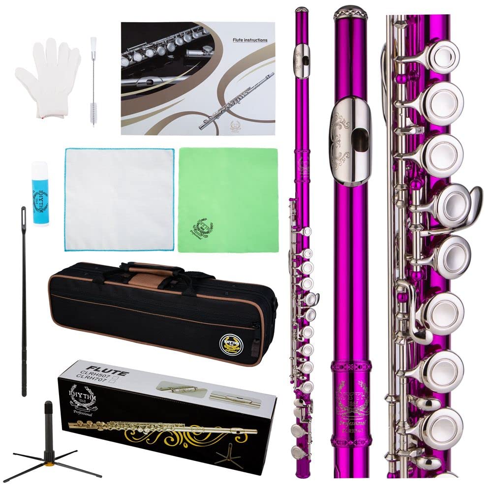 16 Keys C Flute with Engraved Flower Design - Closed Hole Student Flute for Beginners | Includes Cleaning Kit, Stand, Carrying Case, Gloves & Tuning Rod | Perfect for School Band, Music Practice & Gift (Pink)