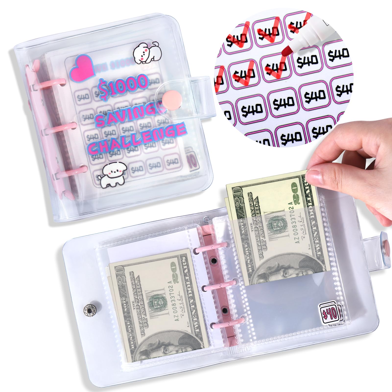 AIERSA 1000 Savings Challenge Mini Binder with Cash Envelopes - Portable Money Saving Budget Organizer for Cash Stuffing | Reusable Cute Style Budget Book | Perfect for Personal Finance, Envelope System & Savings Goals