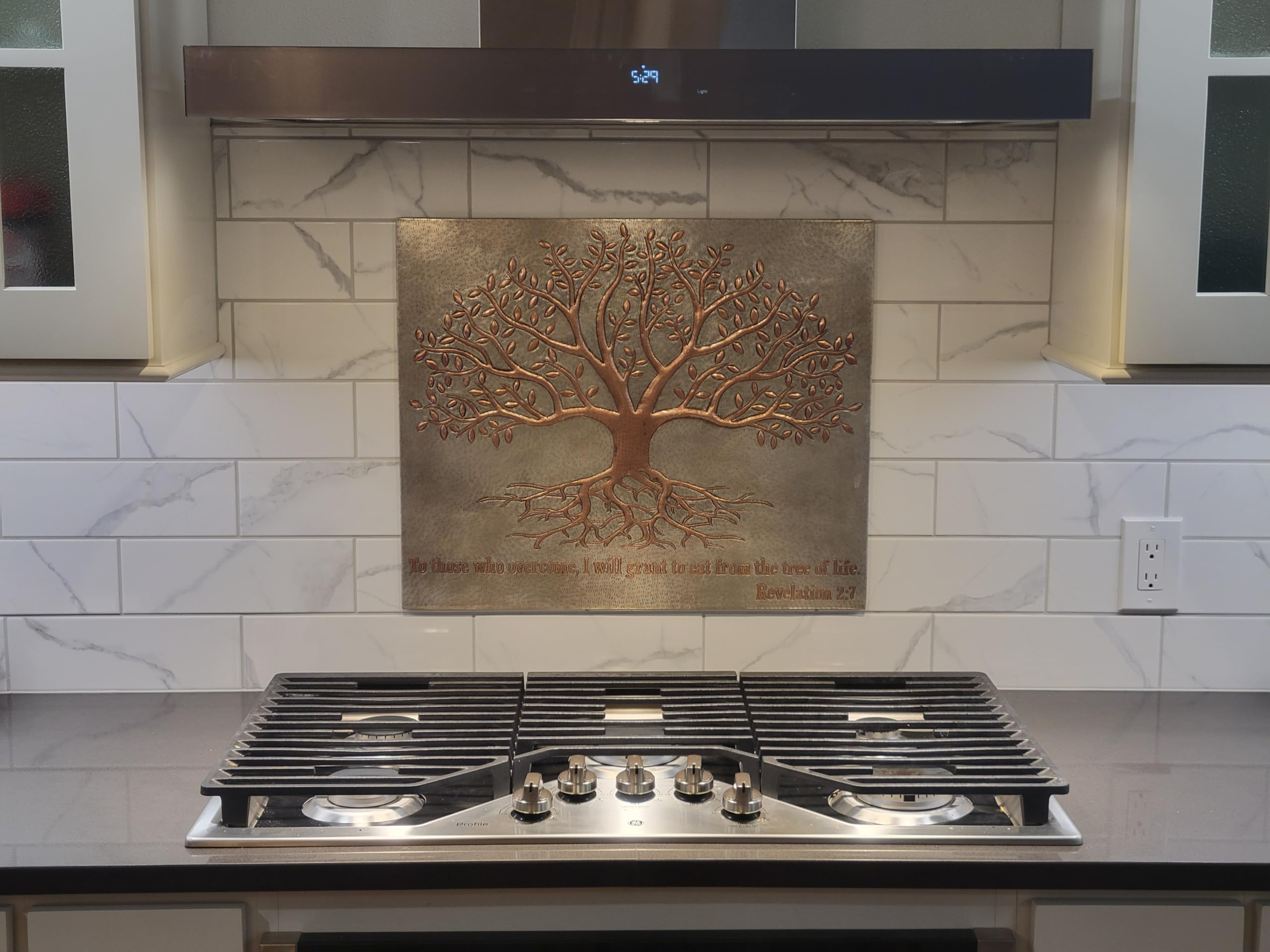 Handmade Copper Kitchen Backsplash Tiles - Tree of Life Design with Roots, Custom Stove Splashback Panel for Indoor & Outdoor Wall Decor (Gray & Copper) | Perfect for Farmhouse, Rustic, and Modern Kitchen Renovations