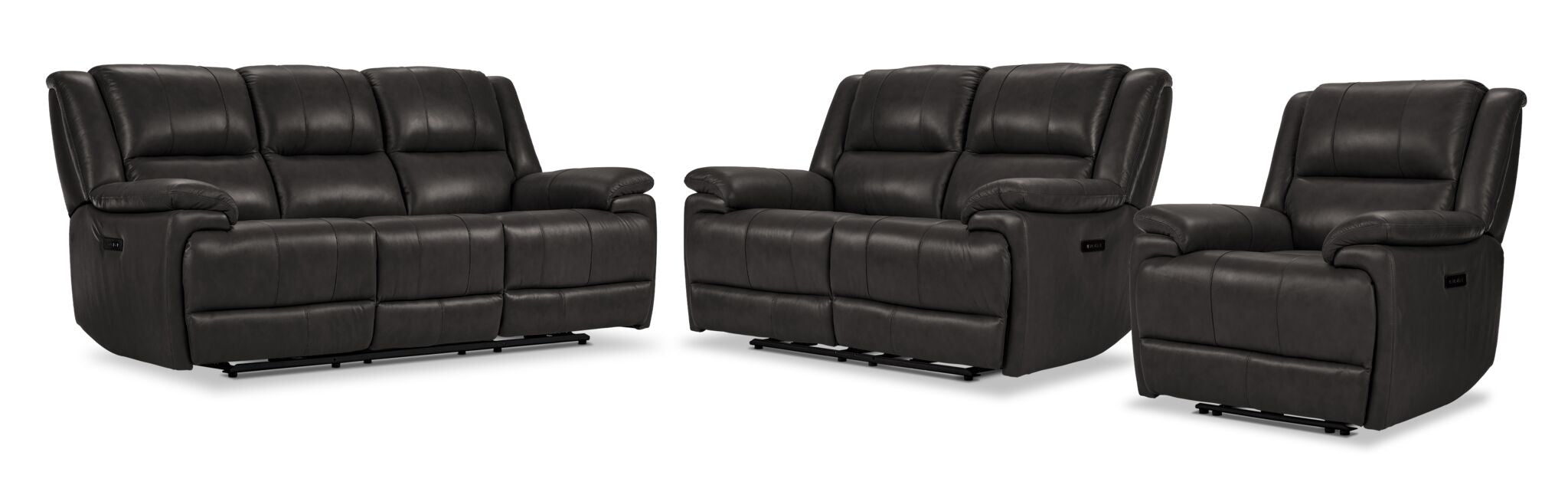 Allie Leather Power Reclining Sofa Set with Dual Motors - 3-Piece Living Room Furniture (Sofa, Loveseat, Recliner) in Granite Color - Perfect for Home Theater, Family Room and Entertainment Spaces