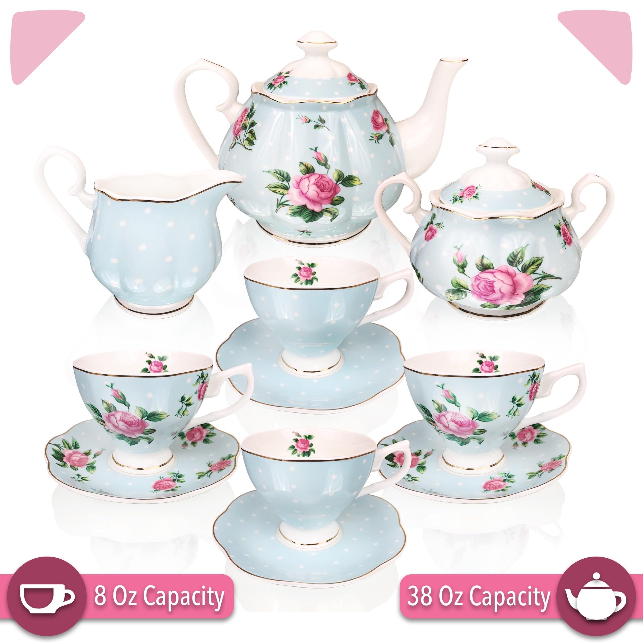 BTaT Floral Tea Set - 8oz Tea Cups, 38oz Teapot, Creamer & Sugar Bowl - Elegant Porcelain Tea Set for Adults (4-Piece) - Perfect for Afternoon Tea, Bridal Showers & Home Decor